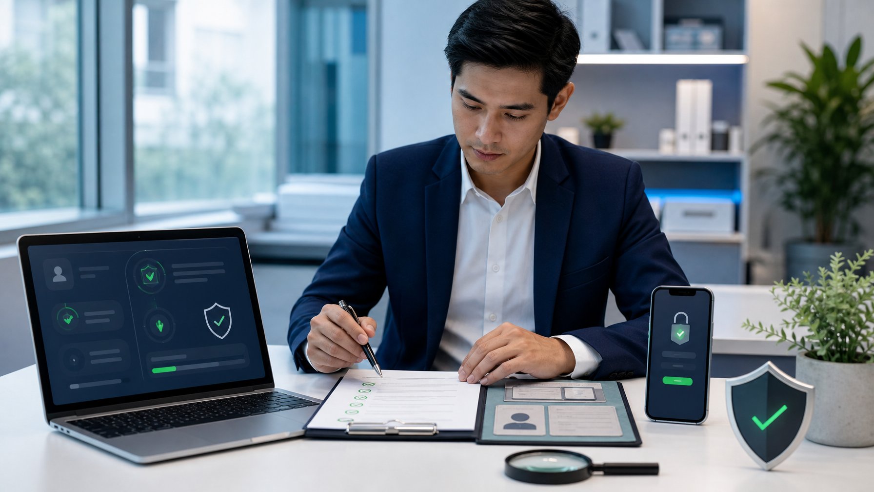 Profesional sedang memeriksa proses verifikasi akun digital dengan laptop, ponsel, dokumen, dan simbol keamanan.