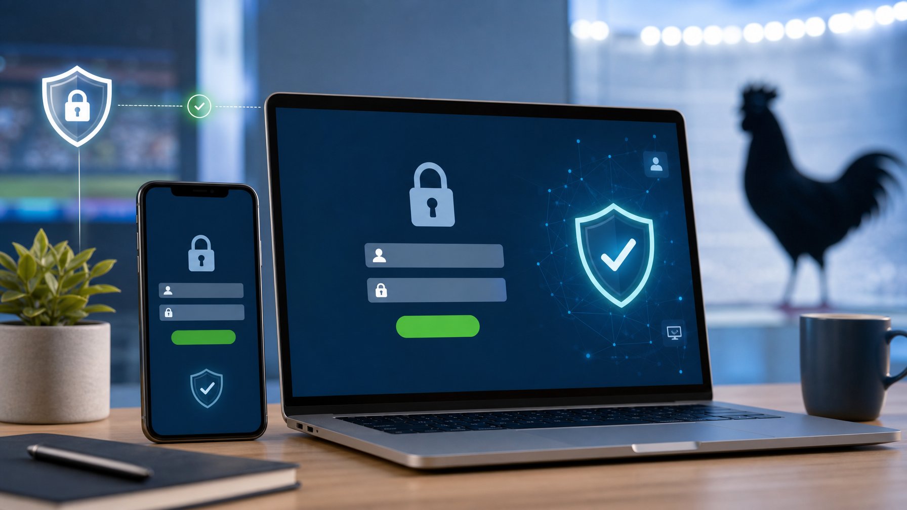 Laptop dan ponsel menampilkan akses platform digital yang dilindungi simbol gembok, dengan latar arena siaran yang samar.