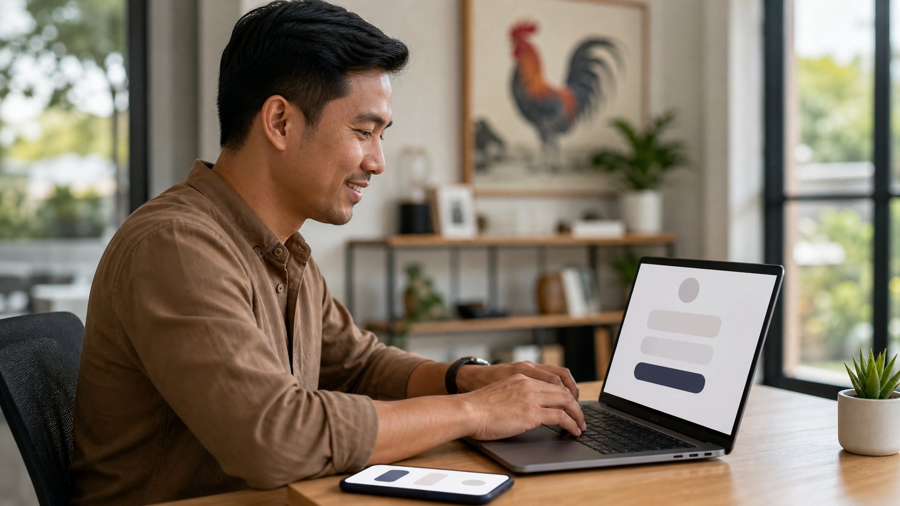 Orang dewasa menggunakan laptop di meja kerja modern dengan ponsel di sampingnya dan dekorasi ayam samar di latar belakang.