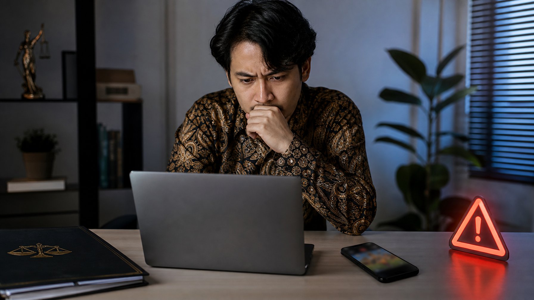 Seseorang tampak khawatir saat melihat laptop dengan simbol peringatan dan dokumen hukum di meja.