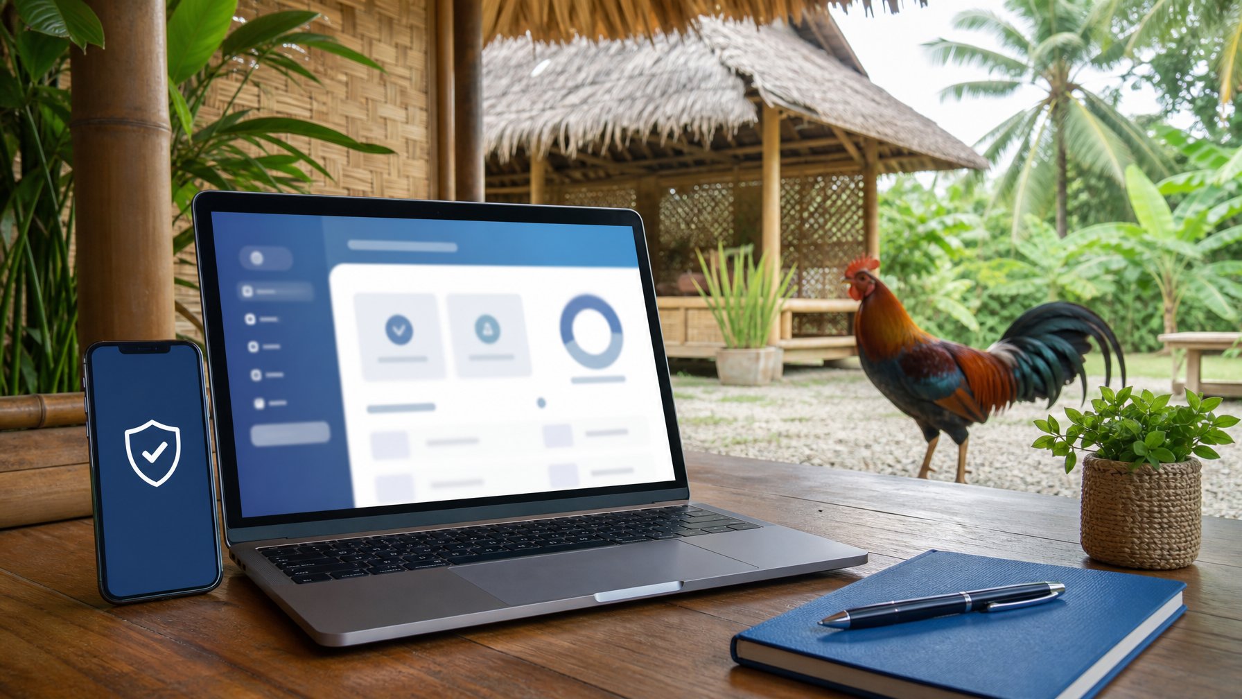 Laptop dan ponsel dengan tampilan keamanan digital di dekat ayam jantan yang terawat dalam lingkungan tropis.
