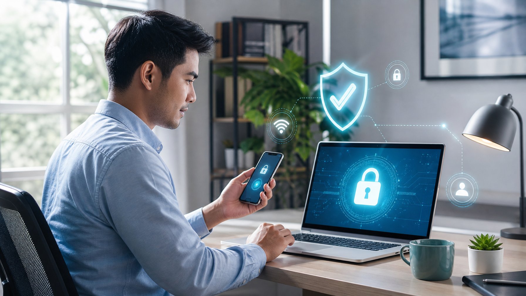 Seseorang memeriksa koneksi internet aman melalui laptop dan ponsel di ruang kerja modern.