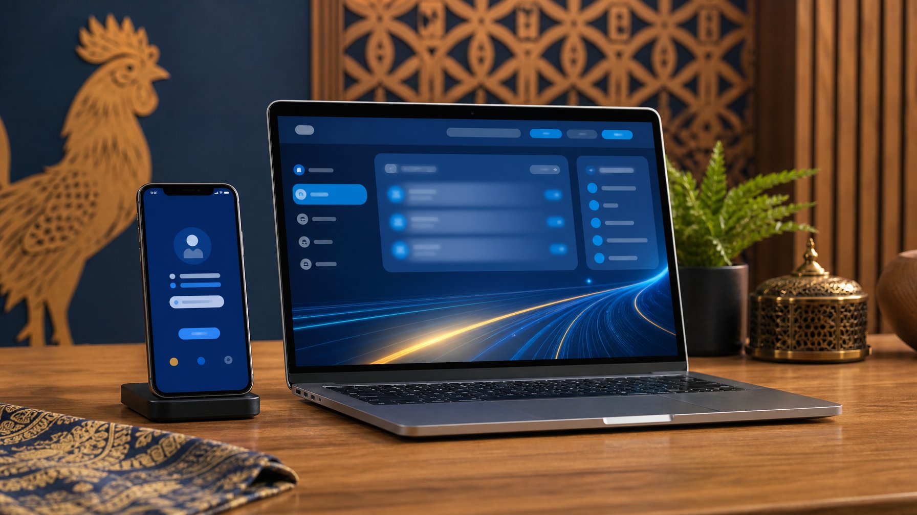 Perangkat digital menampilkan antarmuka login abstrak dengan ornamen ayam tradisional di latar belakang.