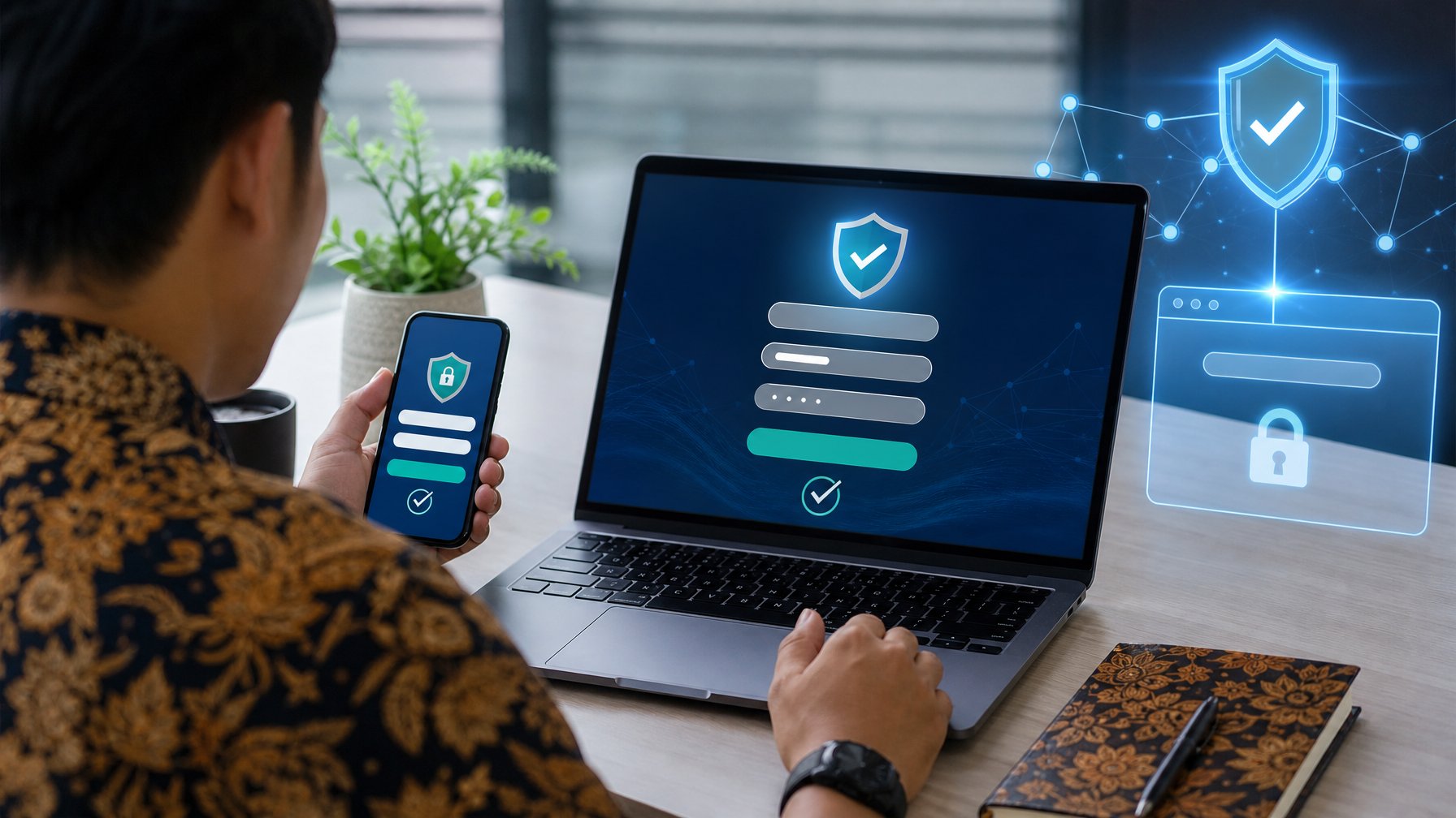 Seseorang memeriksa akses akun dan verifikasi keamanan melalui laptop dan ponsel.
