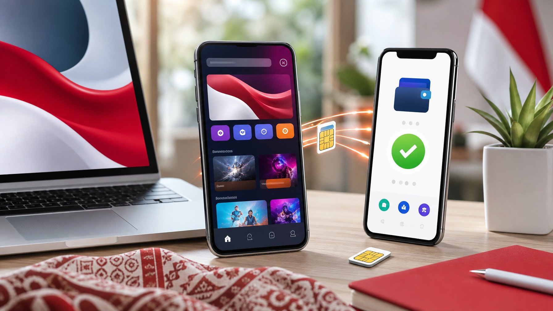Dua ponsel menampilkan antarmuka digital abstrak dan pembayaran seluler di atas meja kerja modern.
