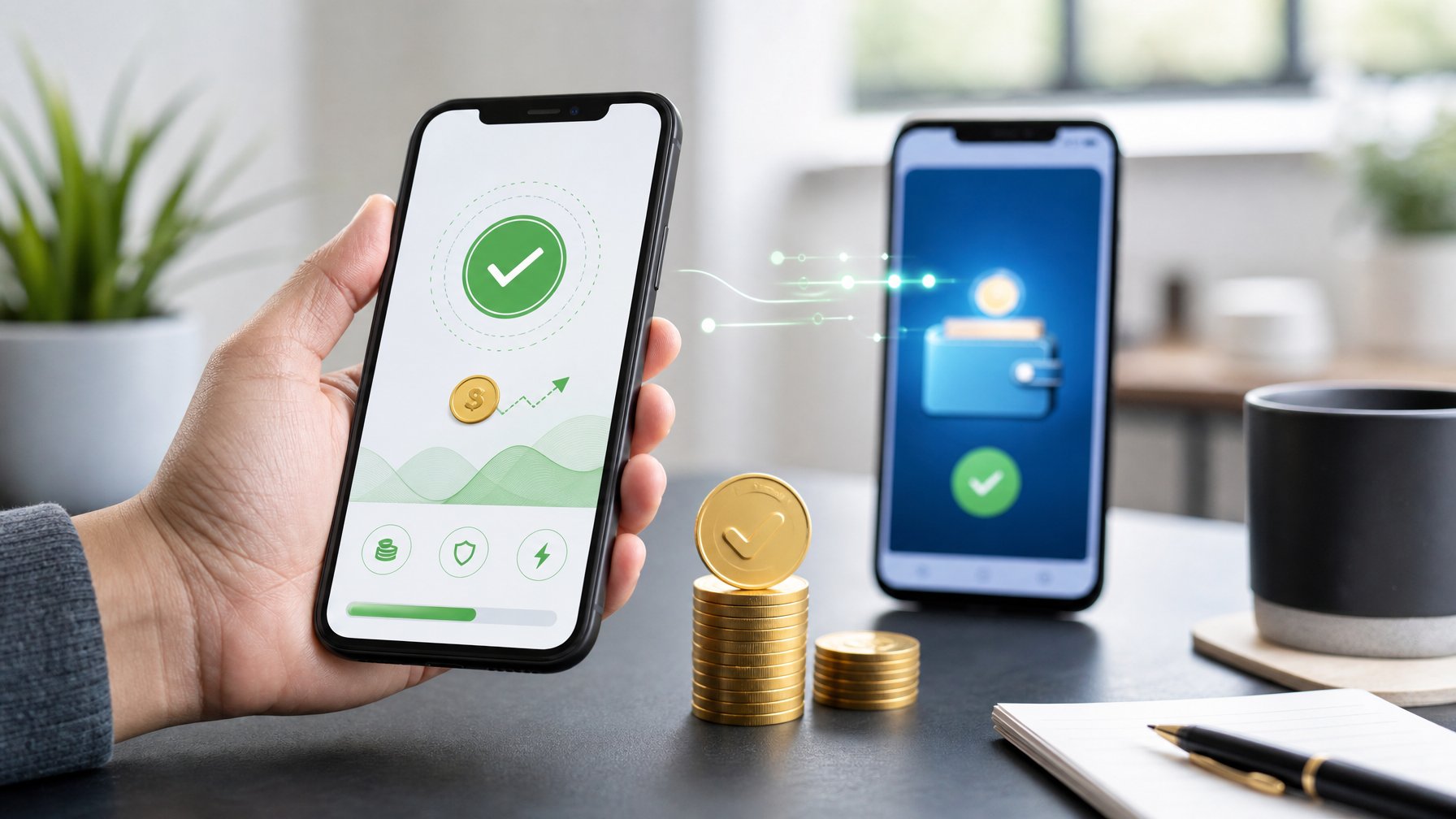 Ponsel menampilkan proses pengisian saldo pulsa digital yang berhasil di meja kerja modern.