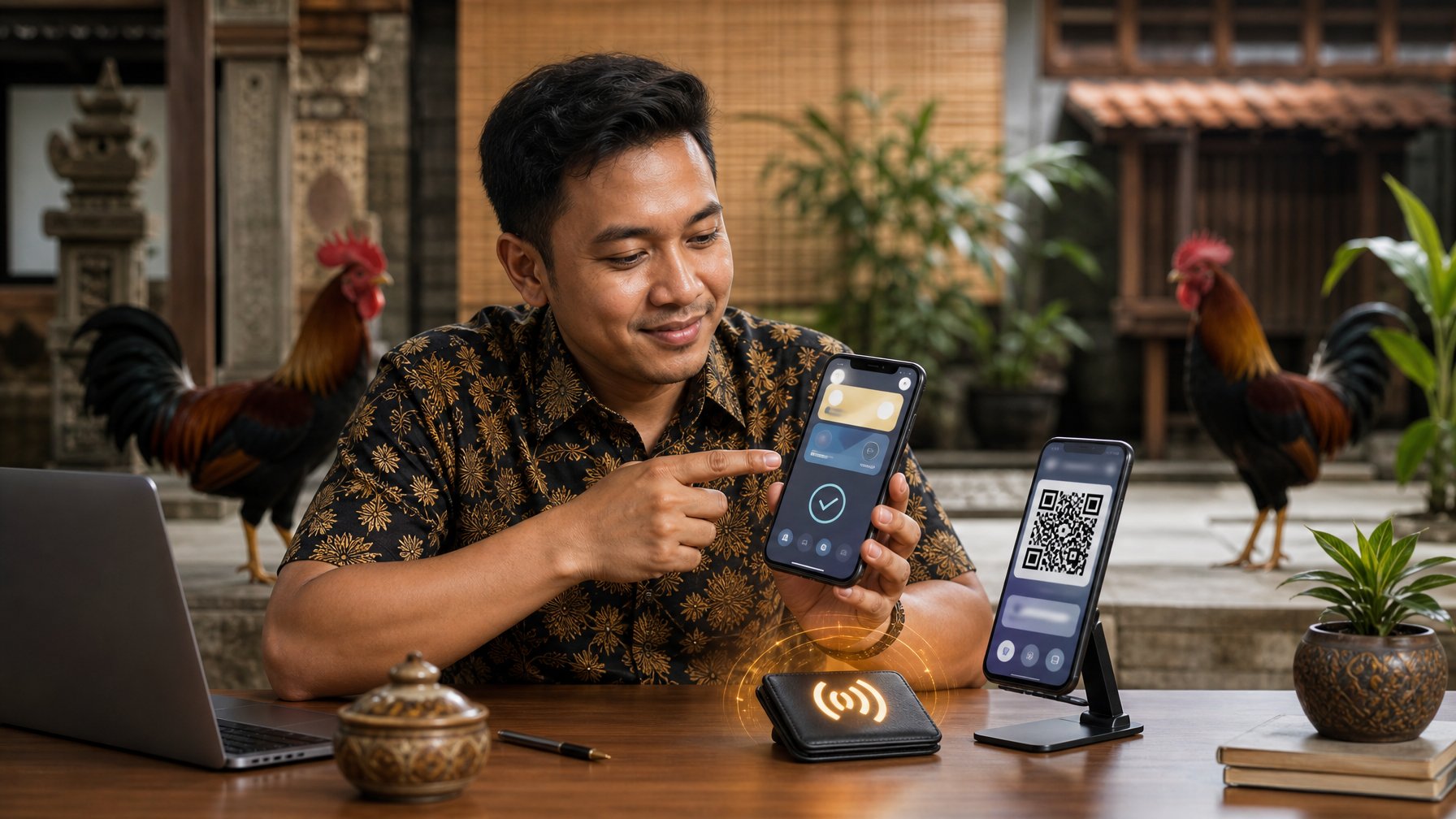 Seseorang menggunakan ponsel untuk pembayaran digital dengan kode QR, sementara dua ayam jantan berdiri tenang di latar belakang.
