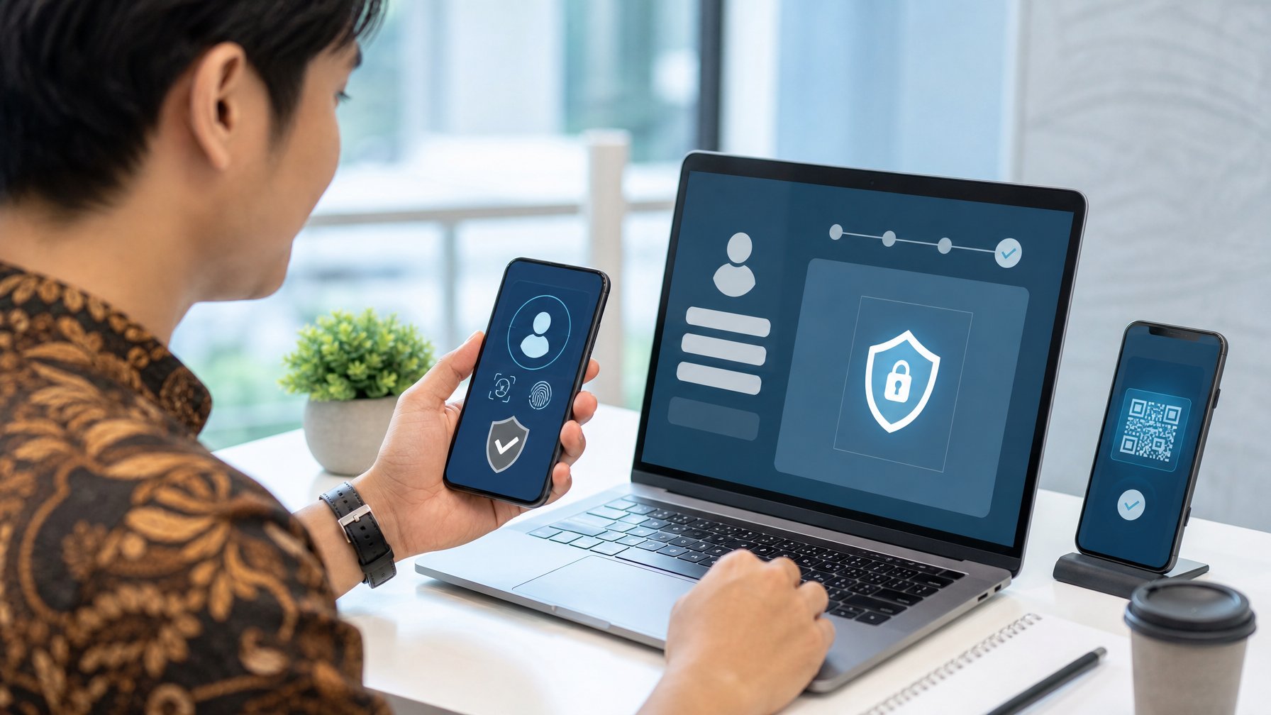 Pengguna mendaftarkan akun dan melakukan verifikasi pembayaran digital menggunakan laptop dan ponsel.