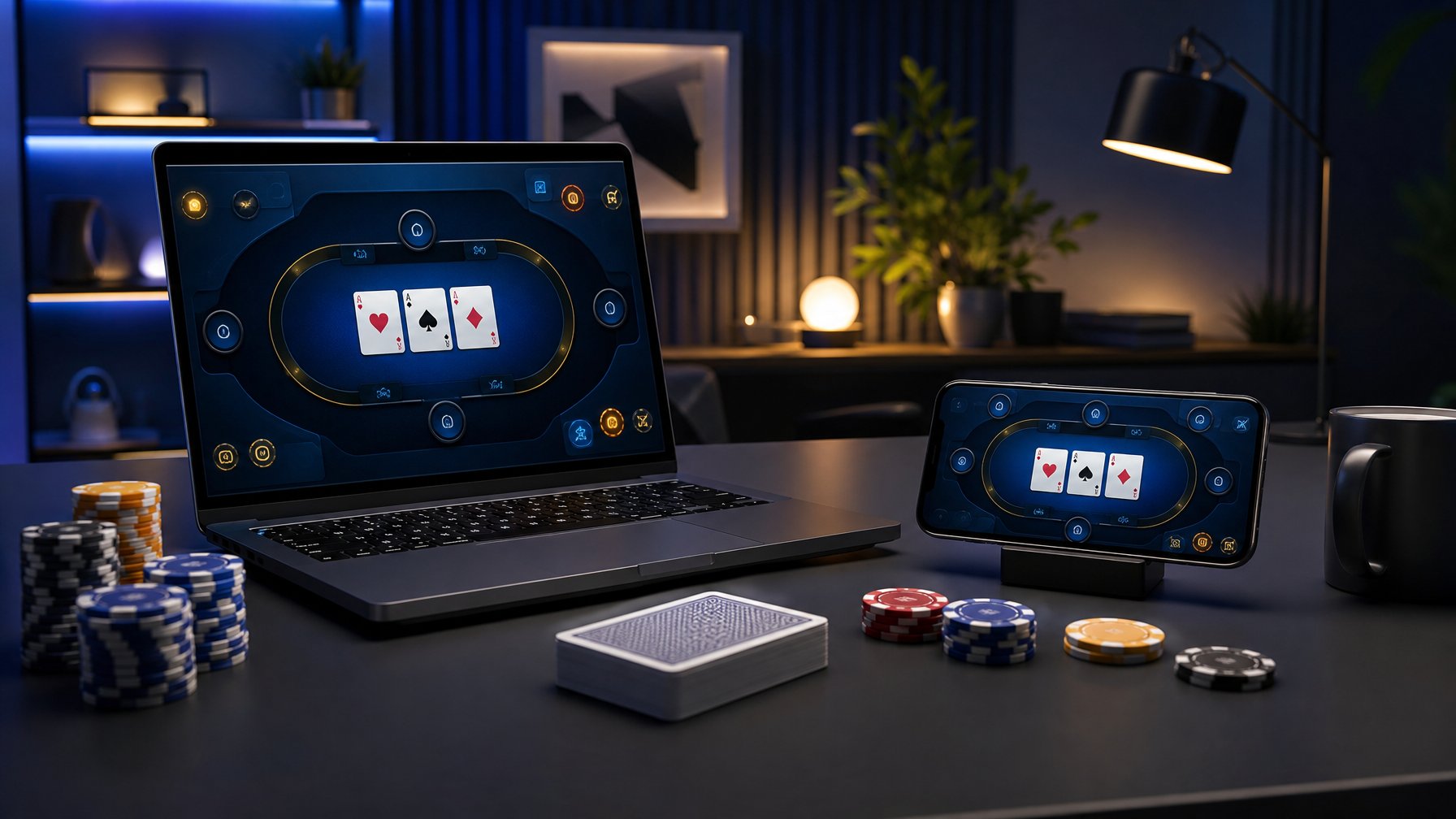 Laptop dan ponsel menampilkan permainan kartu poker digital dengan chip di atas meja.