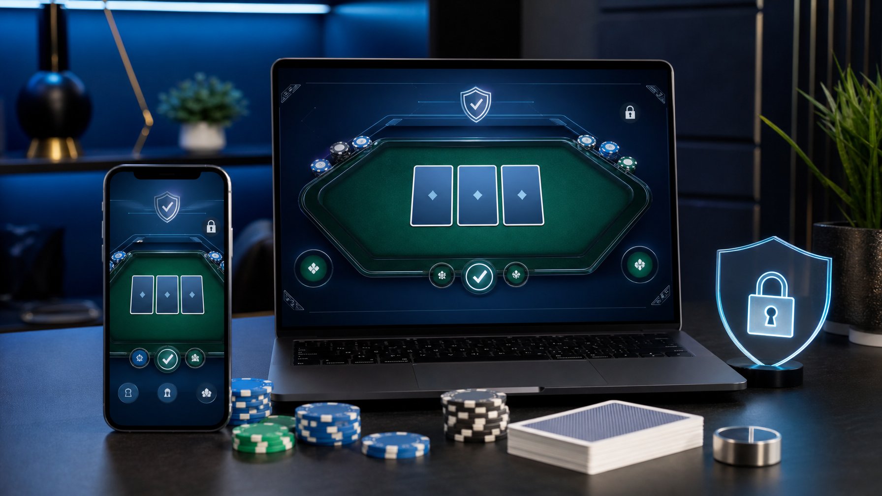 Perangkat laptop dan ponsel menampilkan antarmuka poker dengan simbol keamanan, termasuk kartu dan chip poker di meja modern.