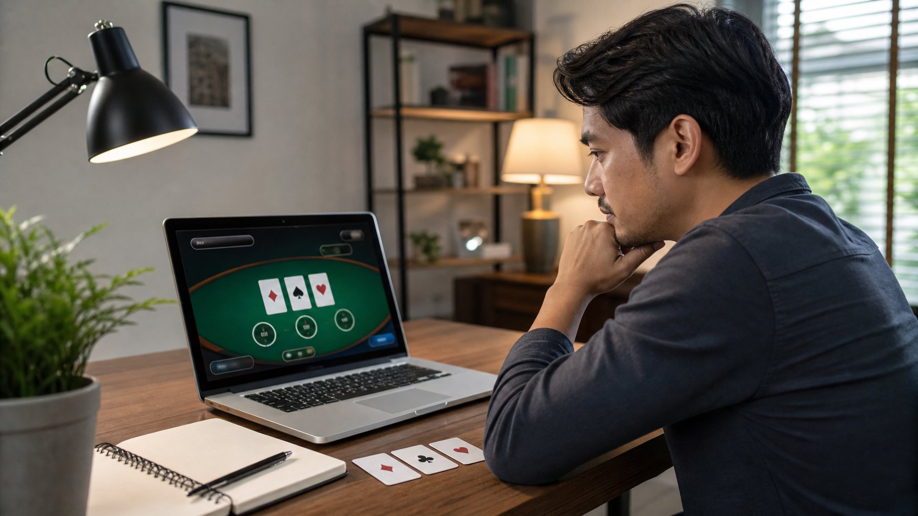 Seorang pemain dewasa mempelajari permainan kartu poker tiga kartu di laptop dalam ruang kerja modern.