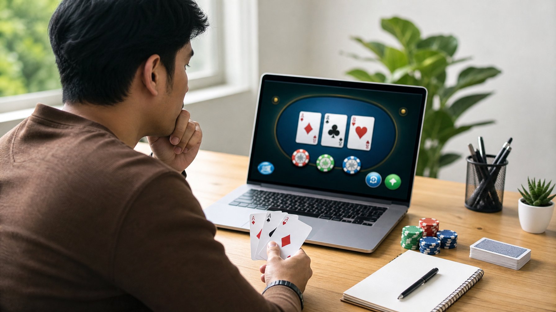 Seorang pemain mempelajari kartu dan pilihan taruhan Tri Card Poker di depan laptop.