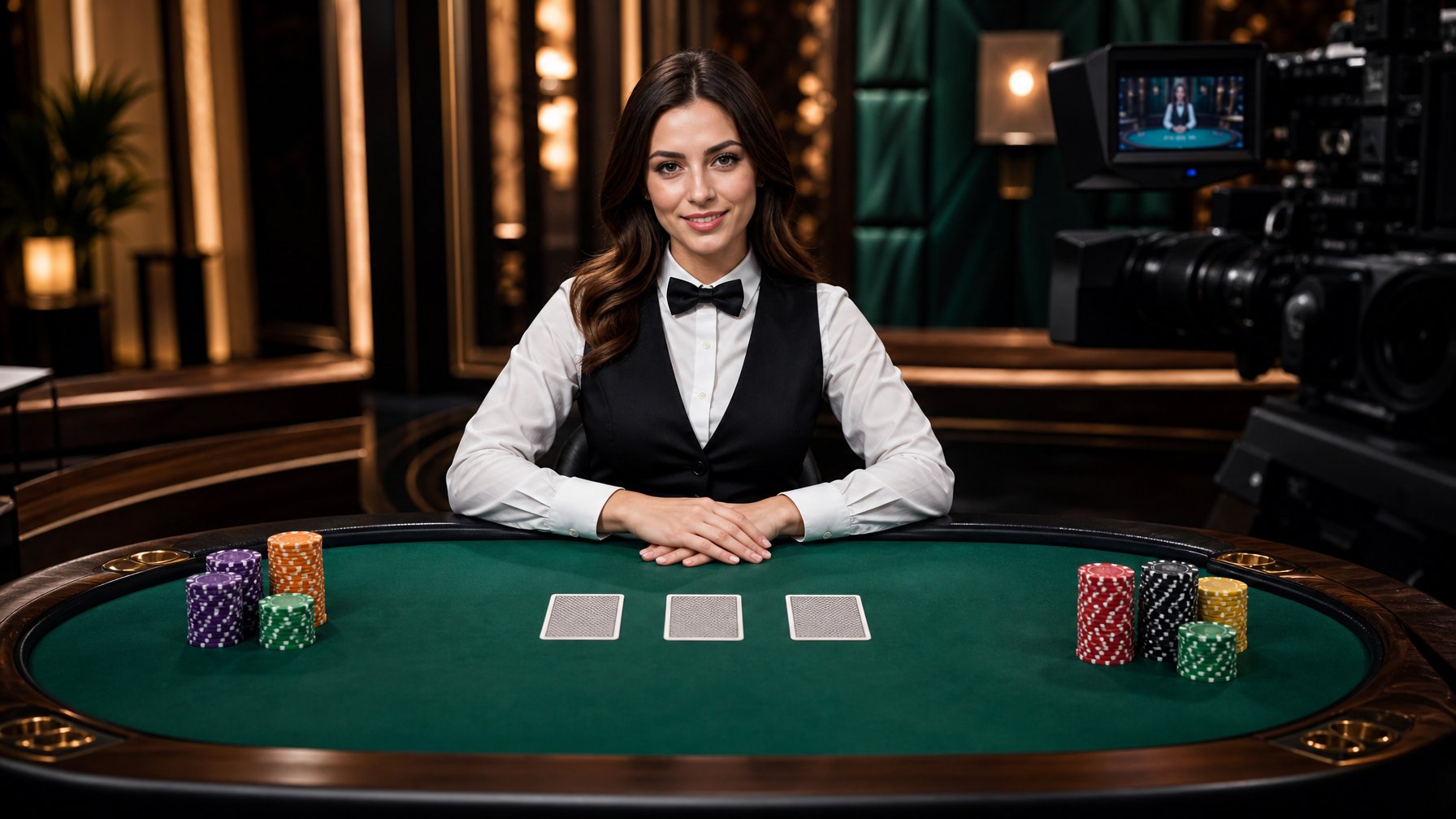 Dealer profesional menyajikan permainan poker tiga kartu di meja kasino dengan kartu dan menjaga poker.