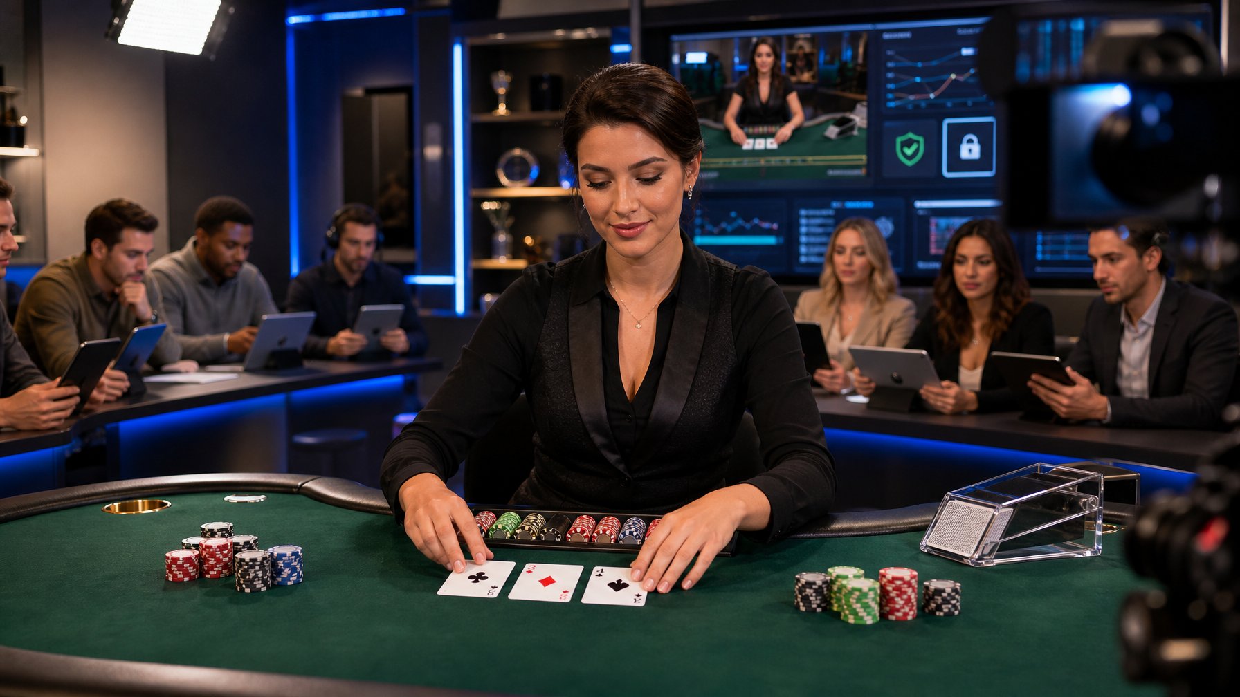 Dealer menyiapkan permainan Tri Card Poker di meja kasino dengan kamera siaran langsung dan layar digital di latar belakang.