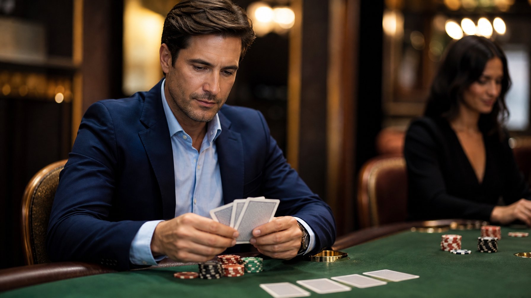 Tangan pemain menata tiga kartu dan keping poker di atas meja kasino.