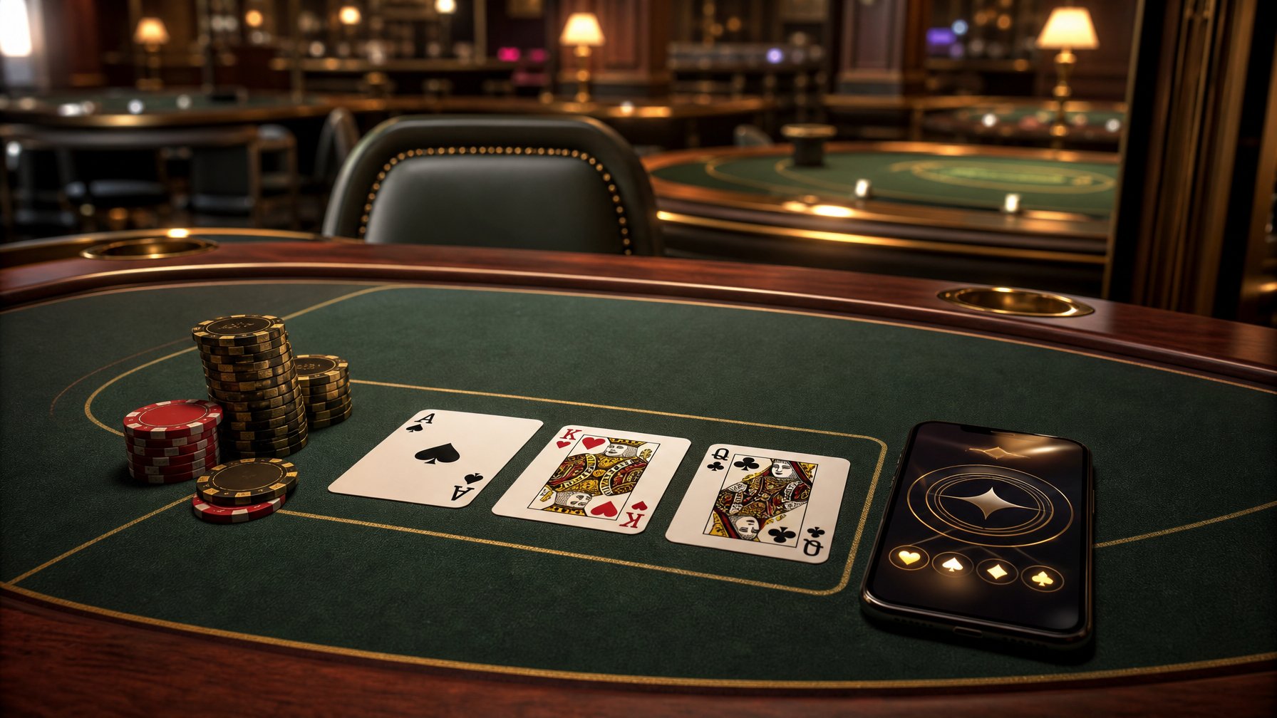 Tiga kartu poker, keping taruhan, dan ponsel berada di atas meja poker dalam suasana kasino yang elegan.