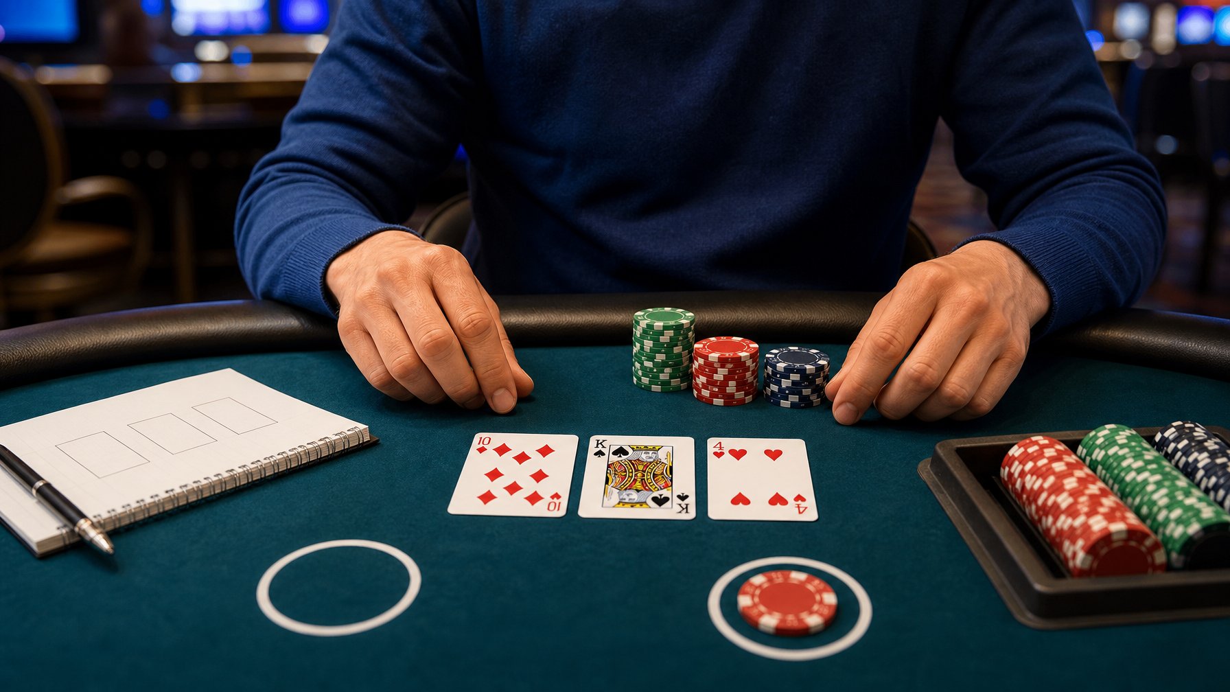 Pemula mempelajari permainan Tri Card Poker di meja dengan tiga kartu dan keping poker.