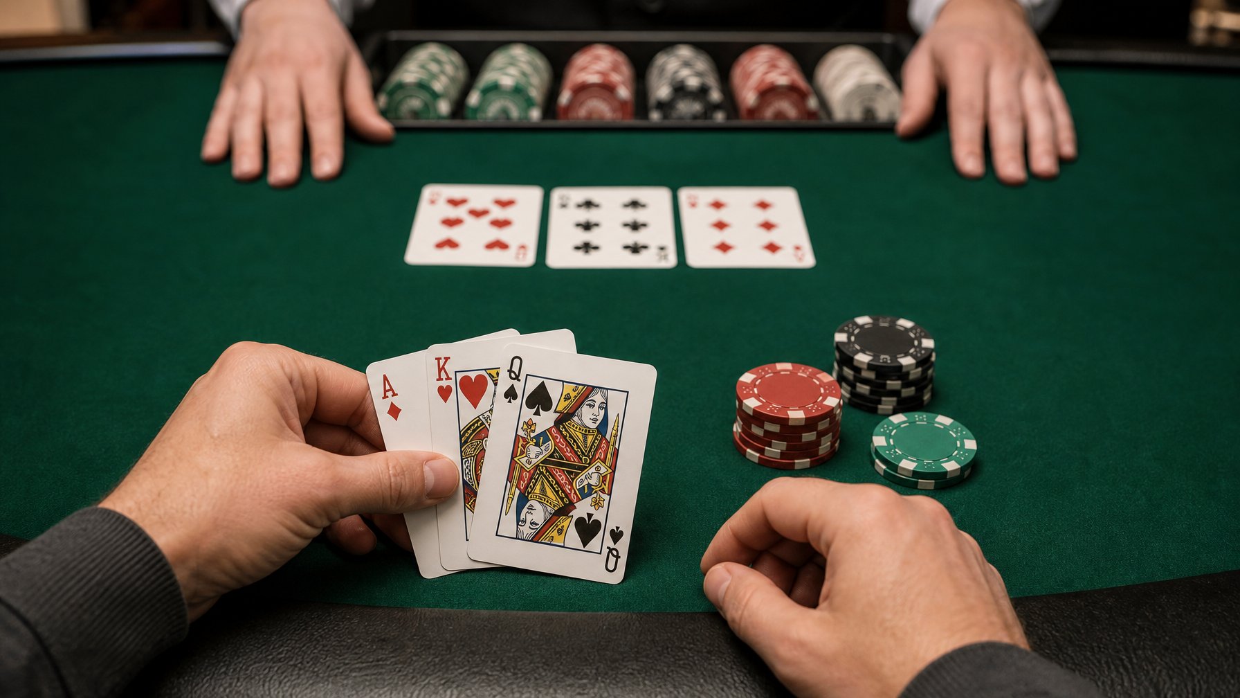 Tangan pemain menunjukkan tiga kartu poker di atas meja hijau dengan keping taruhan di sampingnya.
