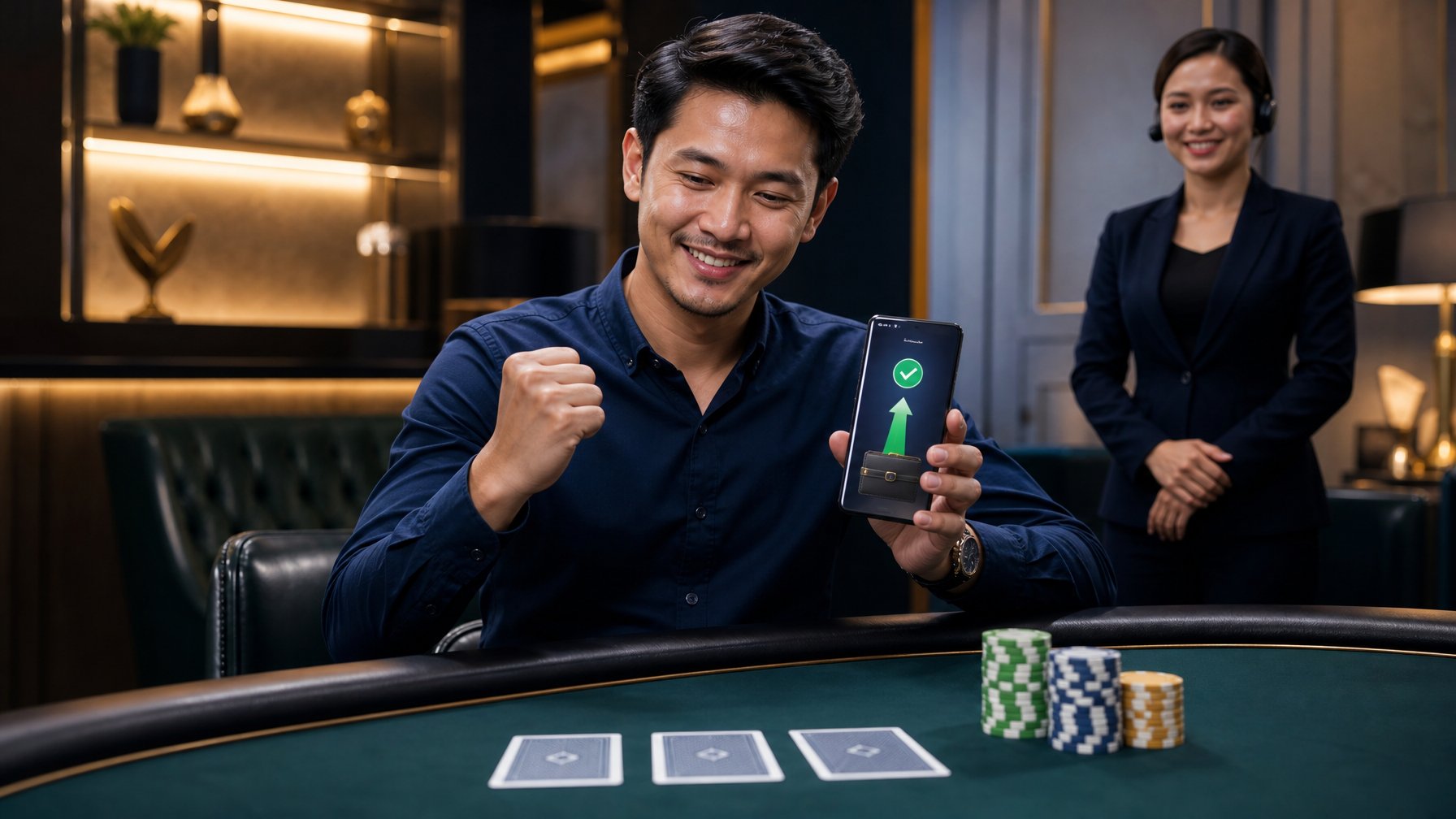 Seorang pelanggan memeriksa konfirmasi mengeluarkan dana di ponsel di samping meja permainan kartu, dengan perwakilan layanan profesional di latar belakang.