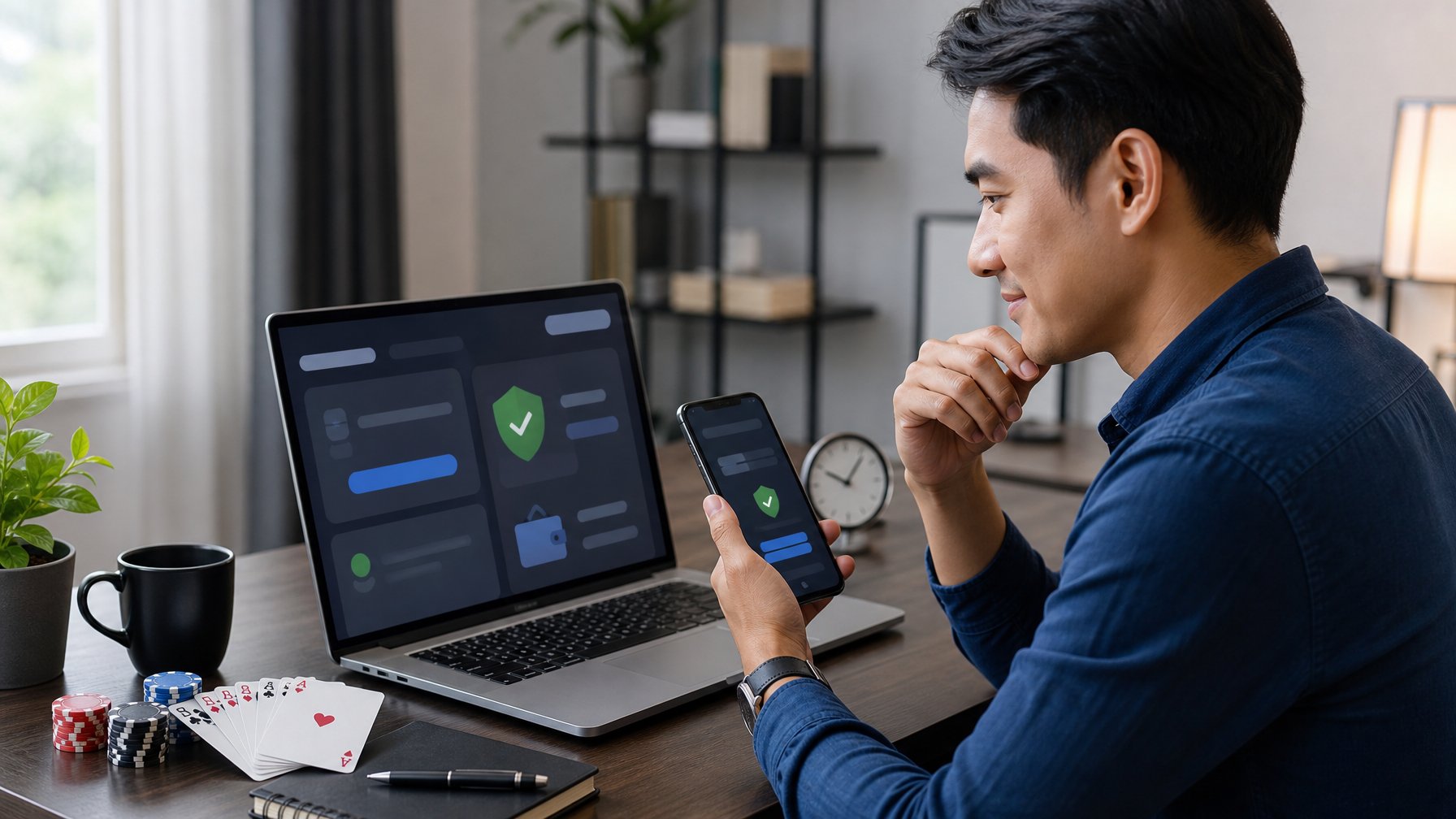 Orang dewasa membandingkan platform poker digital di laptop dan ponsel dengan simbol keamanan serta kartu poker di meja.