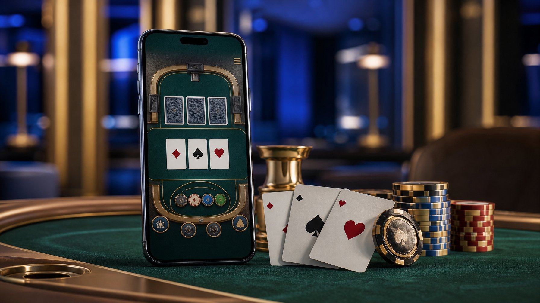 Ponsel menampilkan permainan poker tiga kartu di atas meja kasino dengan kartu dan keping taruhan.