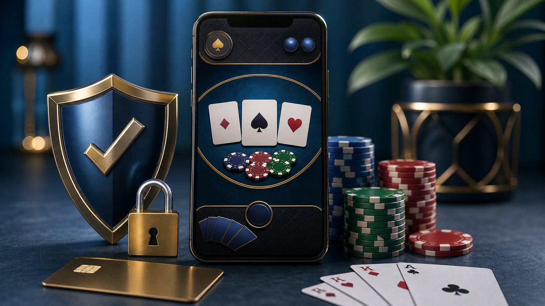 Ponsel menampilkan permainan poker tiga kartu dengan simbol perisai, gembok, kartu pembayaran, dan chip kasino di atas meja.