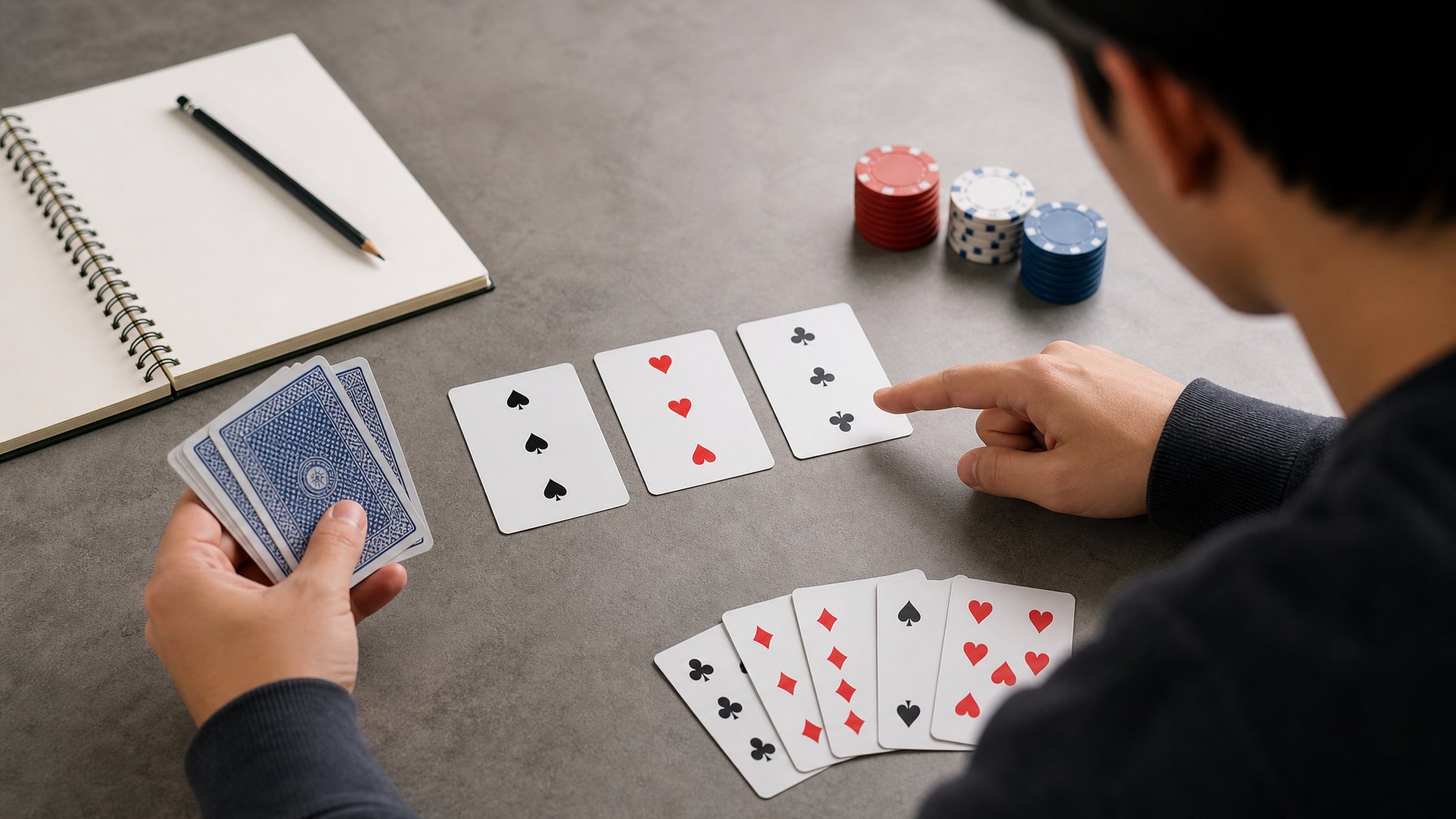 Seorang pemula mempelajari kombinasi tiga kartu poker di atas meja dengan kartu tambahan dan buku catatan kosong.