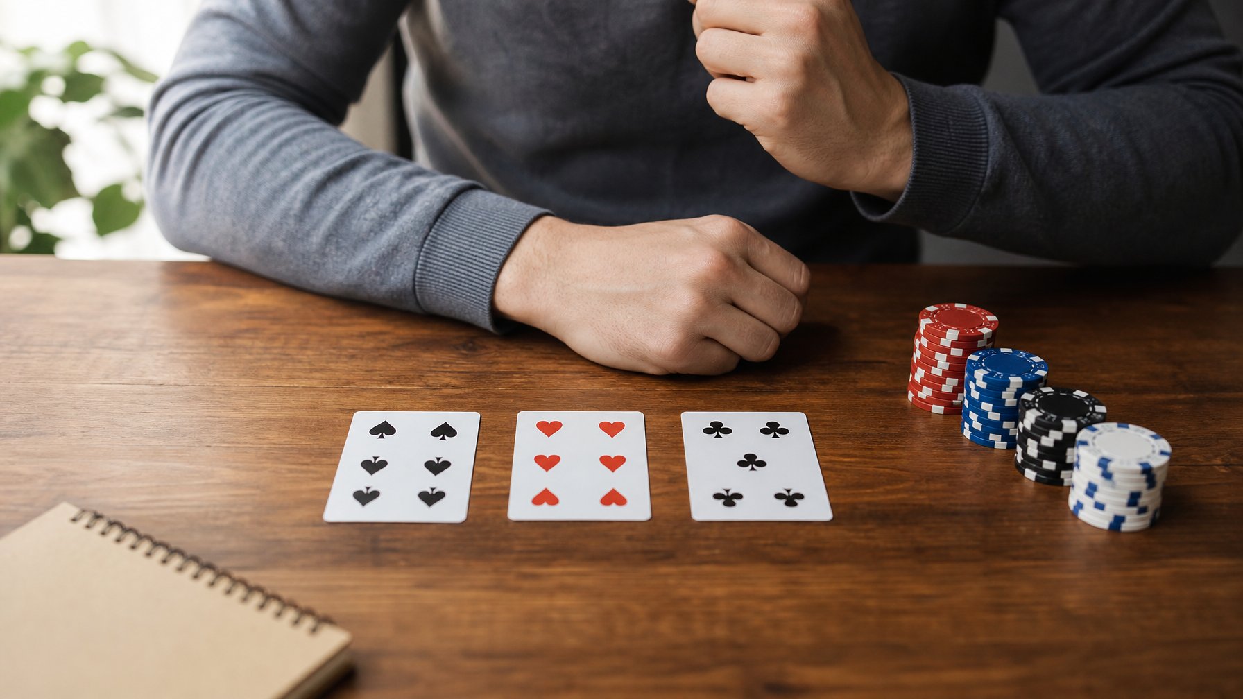 Tiga kartu poker disusun di atas meja dengan simpanan poker, sementara seseorang mempelajarinya.