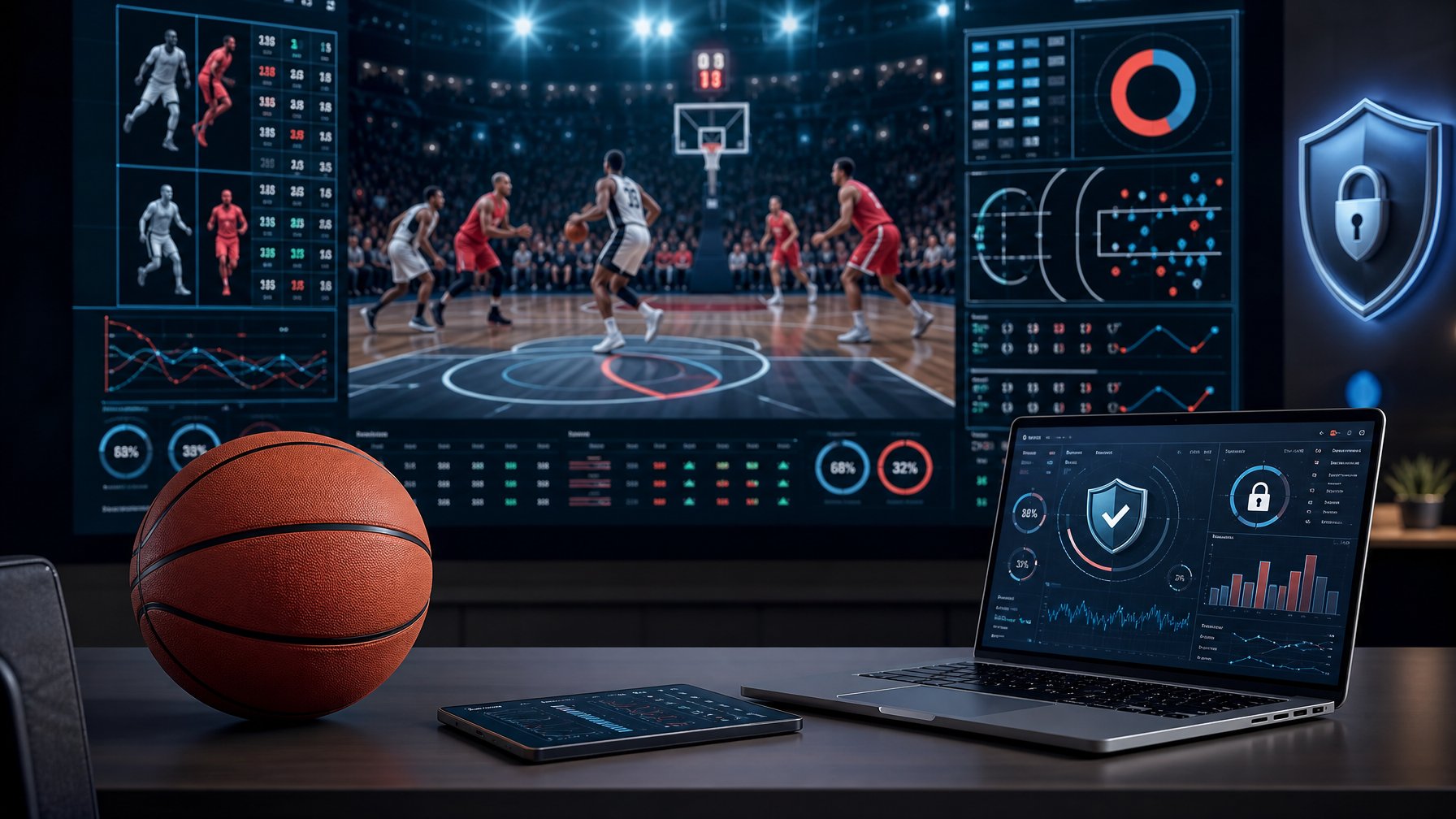 Bola basket di meja modern dengan layar analitik pertandingan dan grafik keamanan di latar belakang.