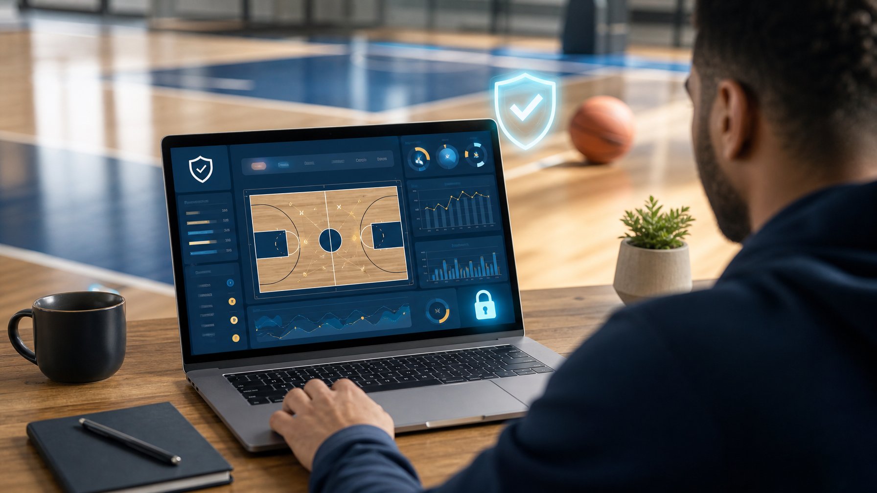 Orang dewasa melihat laptop dengan analisis pertandingan basket dan simbol keamanan di ruang kerja modern.