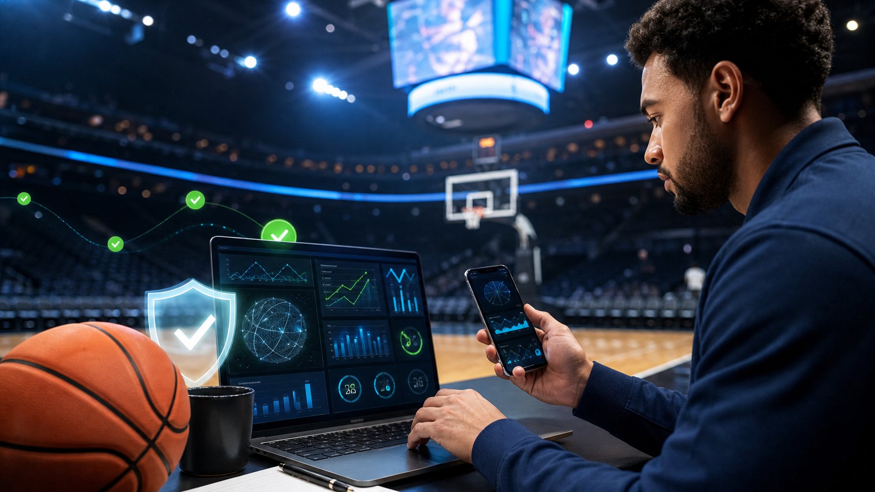 Seseorang menganalisis statistik bola basket melalui laptop dan ponsel di arena olahraga.