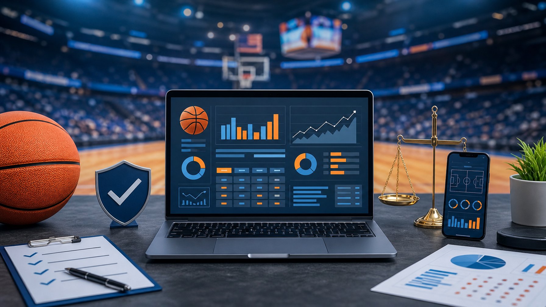 Laptop dan ponsel menampilkan analitik olahraga di meja dengan bola basket dan arena basket di latar belakang.