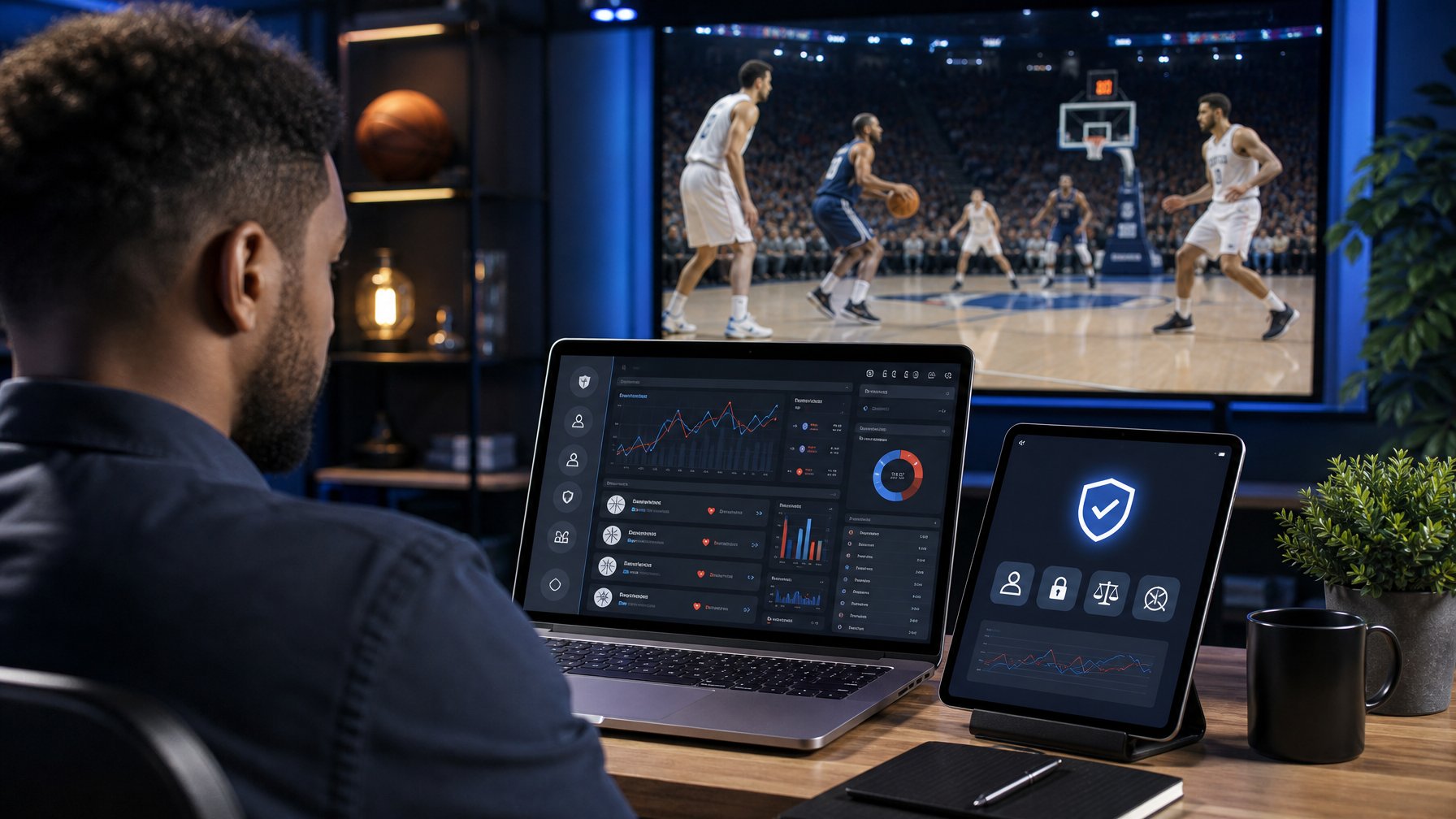 Seseorang melihat informasi pertandingan basket langsung pada perangkat digital dengan simbol keamanan dan verifikasi.