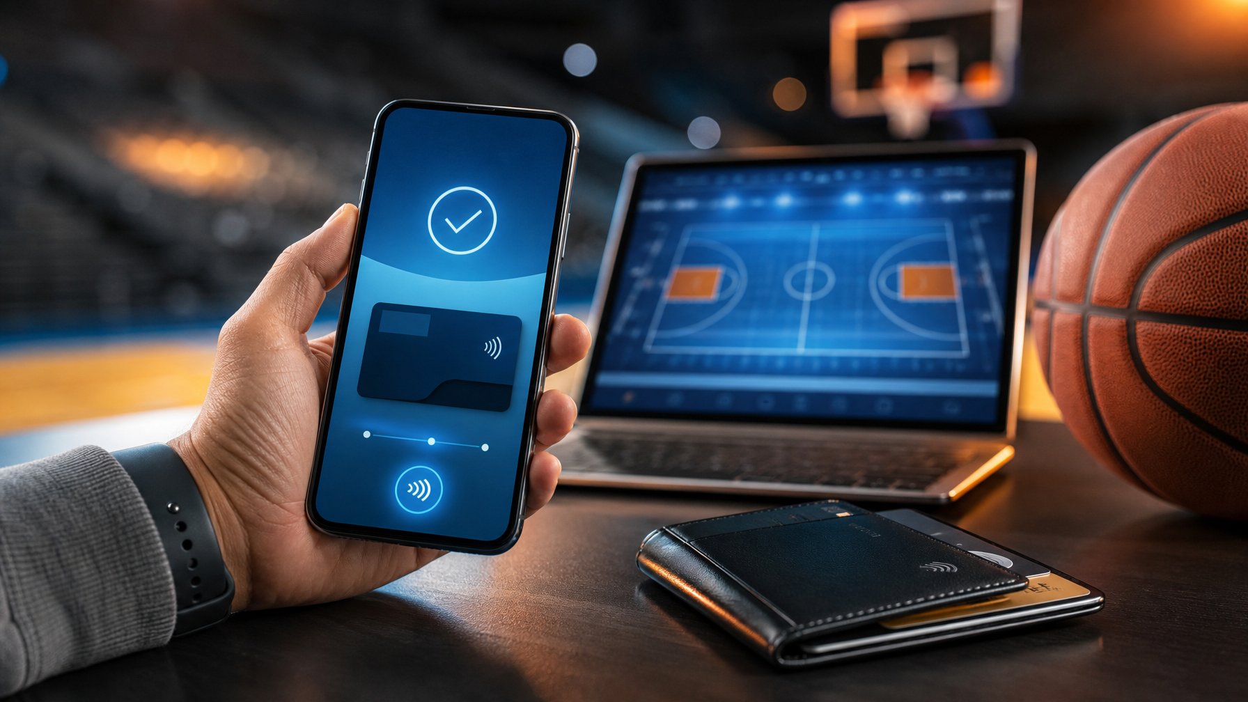 Ponsel dengan tampilan pembayaran digital generik berada di dekat perangkat berisi ilustrasi lapangan basket.