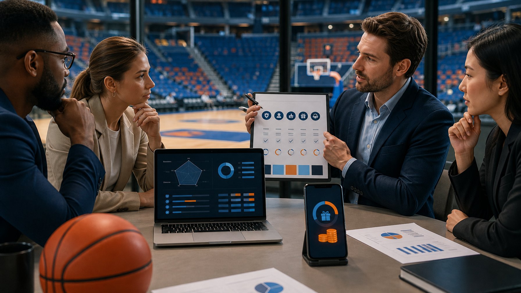 Tim analis membandingkan platform taruhan basket di ruang kerja modern dengan bola basket, laptop, dan ponsel.