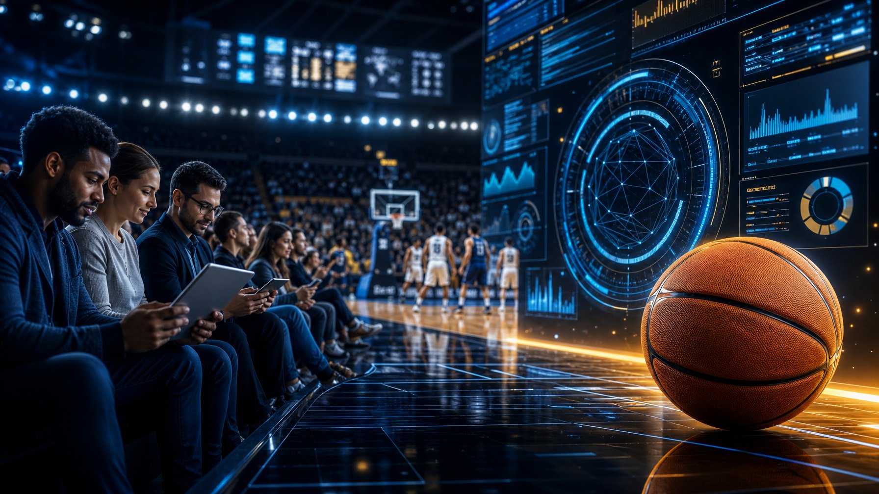 Bola basket di arena modern dengan penggemar dewasa menggunakan perangkat digital sambil menonton pertandingan.