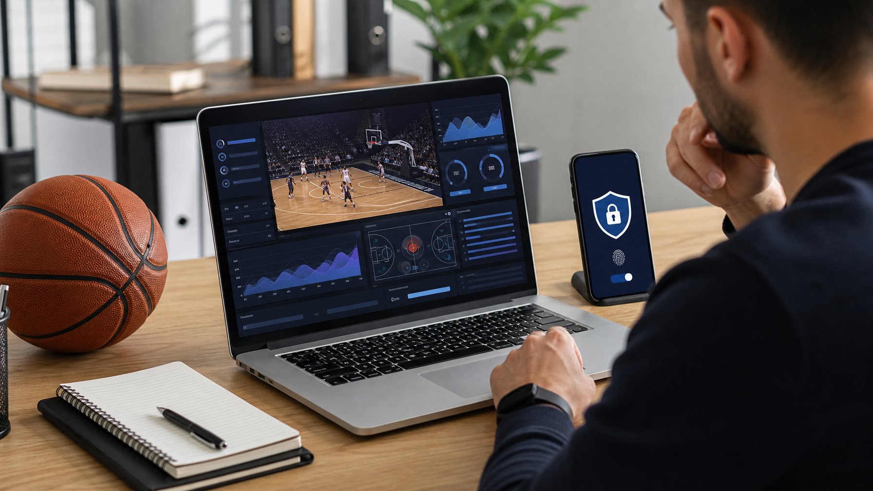 Seseorang meninjau keamanan platform taruhan keranjang melalui laptop dan ponsel dengan simbol perisai serta kunci.