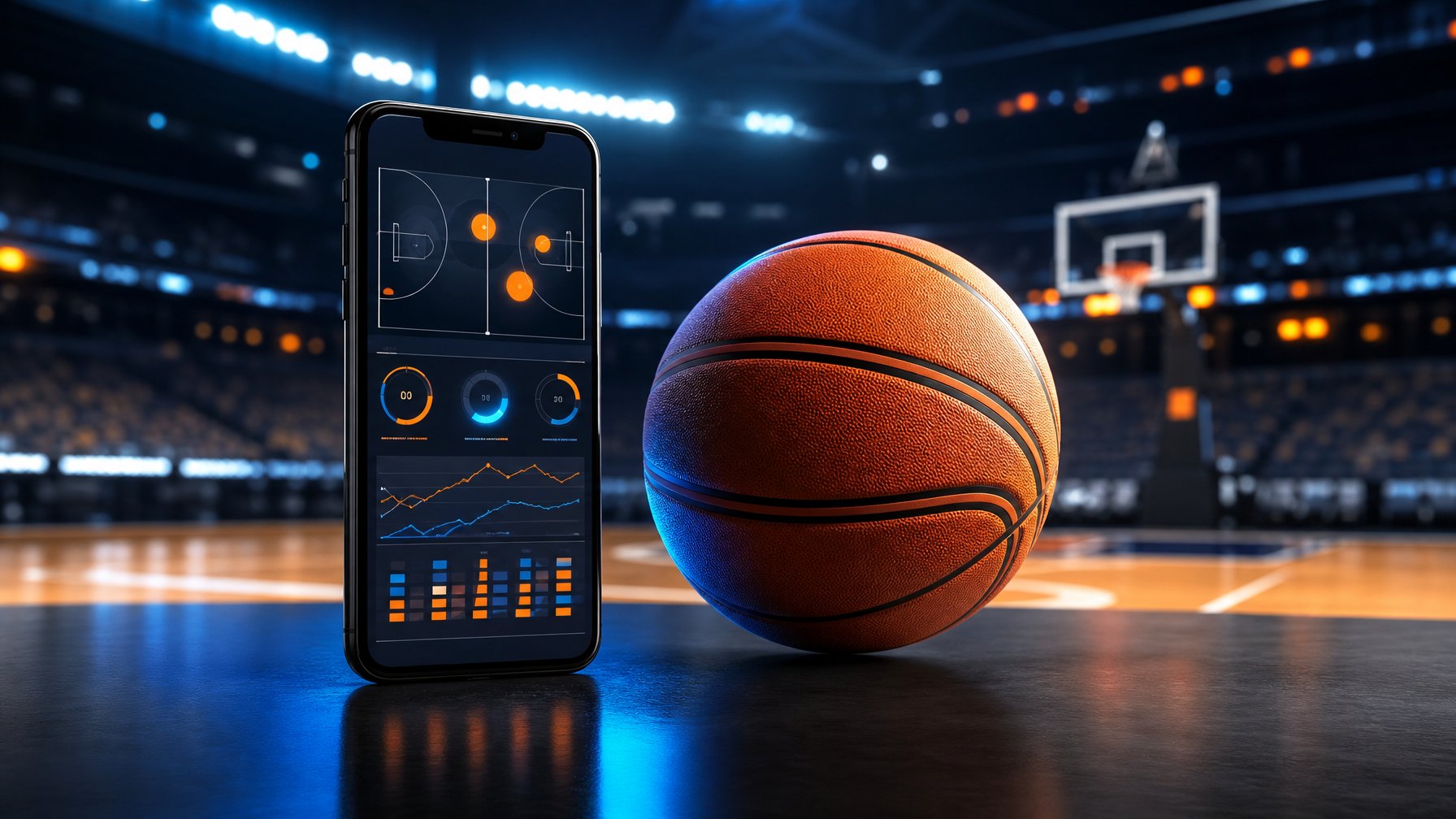 Ponsel pintar dengan bola basket di arena olahraga modern.