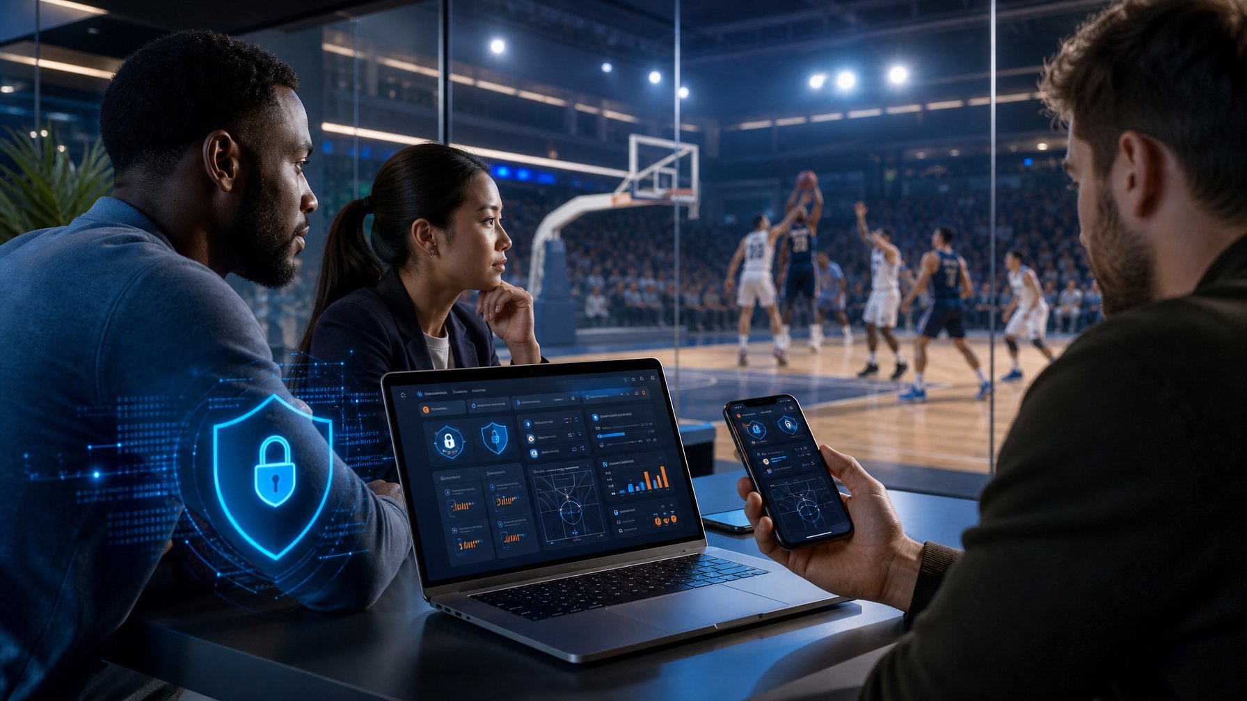 Suasana ruang analitik olahraga modern dengan layar berisi data pertandingan keranjang dan simbol keamanan digital.