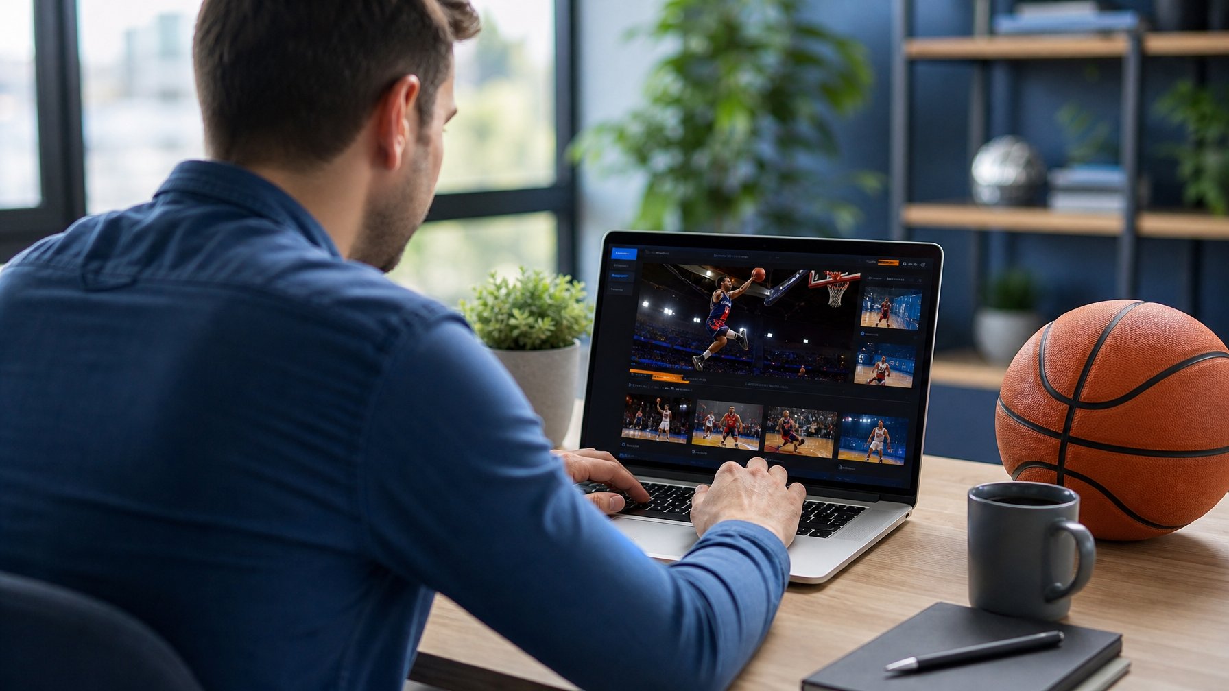 Seseorang menggunakan laptop dengan tampilan bertema bola basket di ruang kerja modern.
