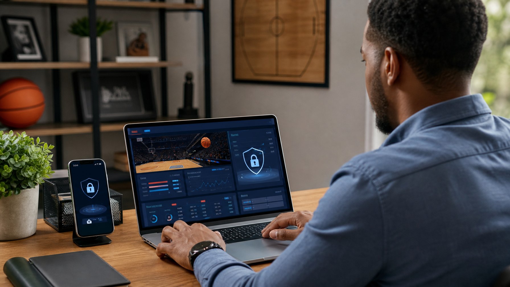Orang dewasa menggunakan laptop dengan tampilan analitik pertandingan keranjang dan simbol keamanan di ruang kerja modern.