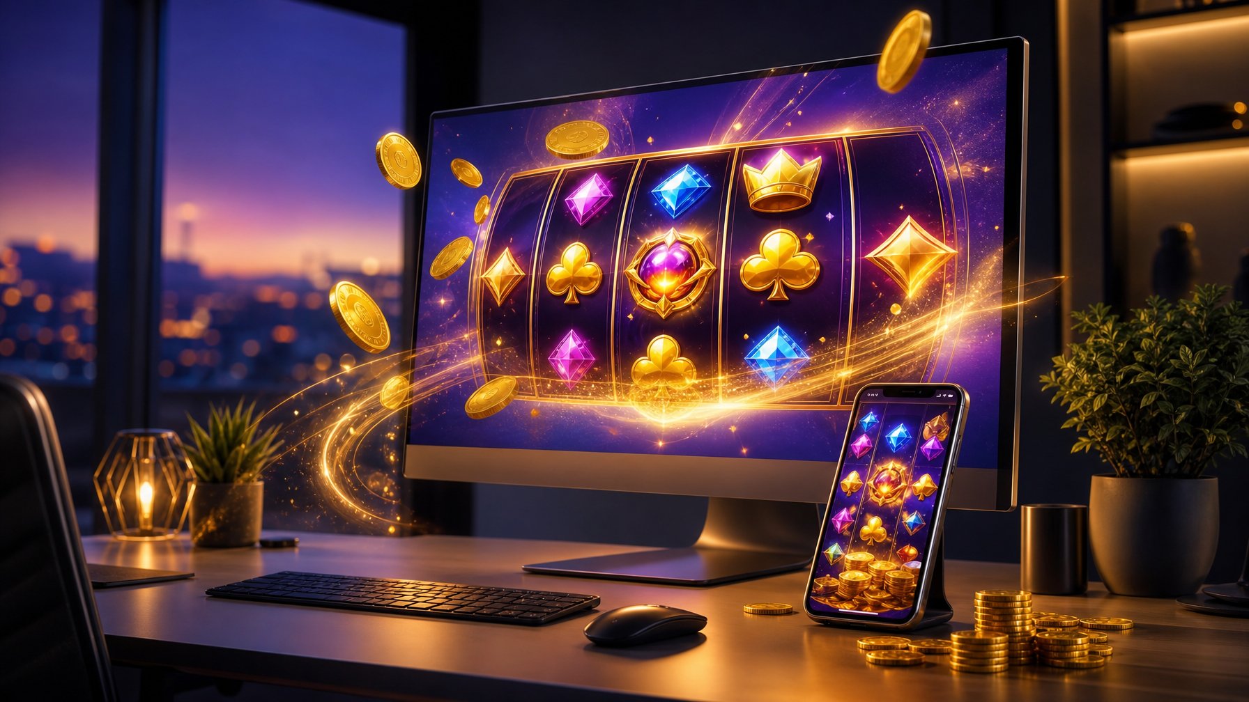 Monitor dan ponsel menampilkan permainan slot abstrak dengan koin emas dan efek cahaya berkilau di meja modern.