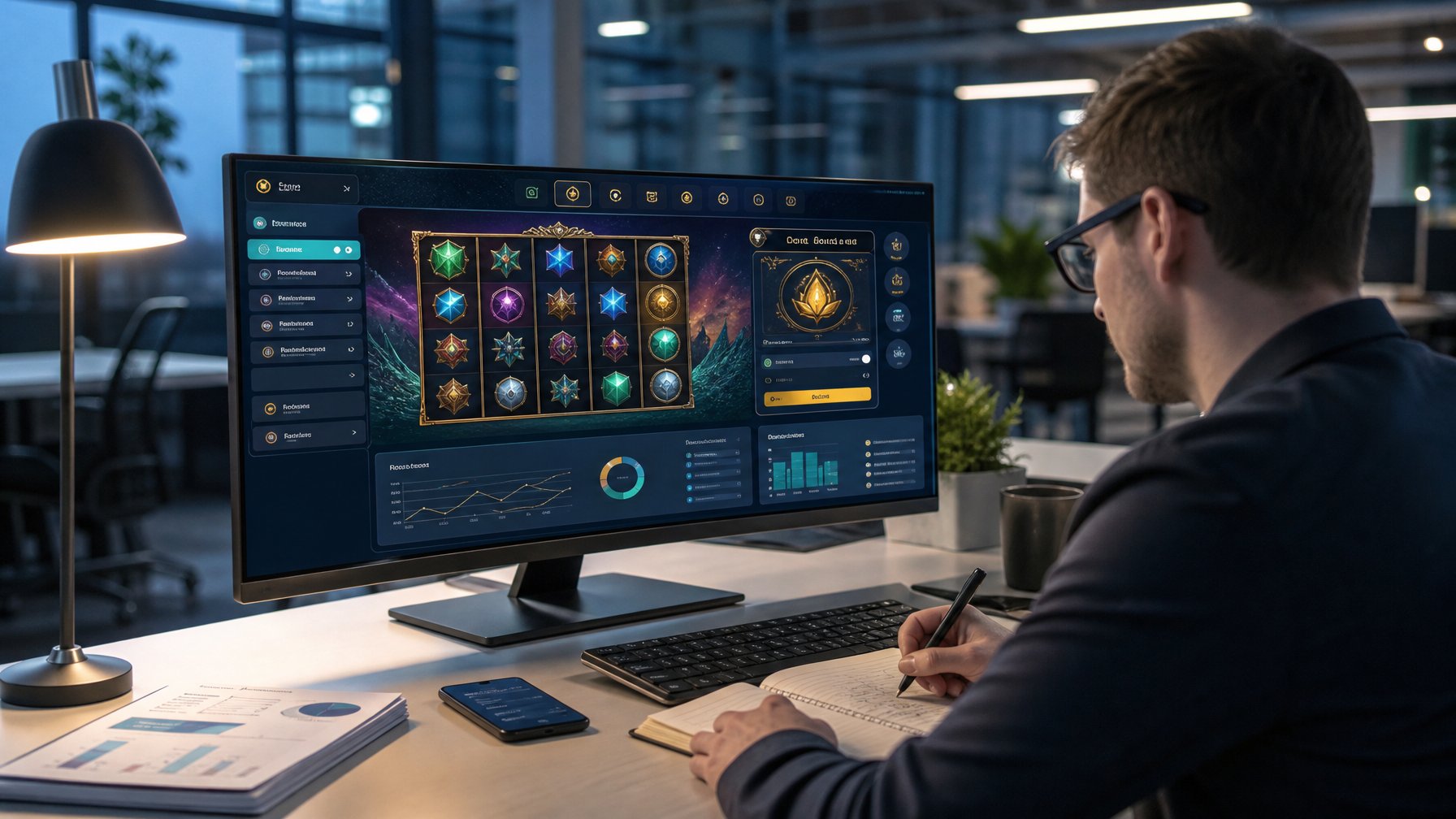 Seorang analis meninjau interaksi permainan slot dan perbandingan data di meja kerja modern.