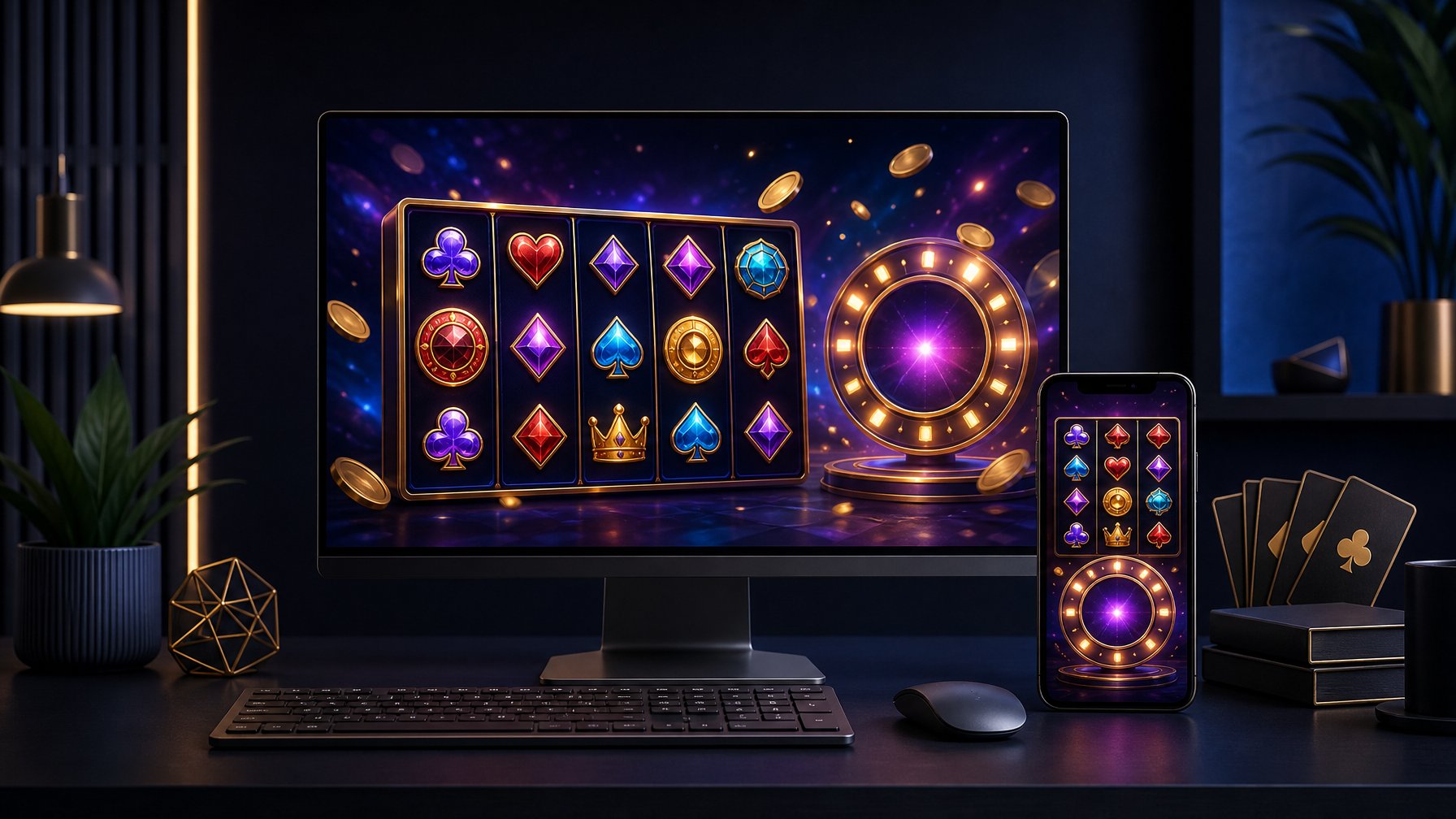 Layar komputer dan ponsel menampilkan permainan slot digital dengan simbol bonus putaran gratis dan koin emas.