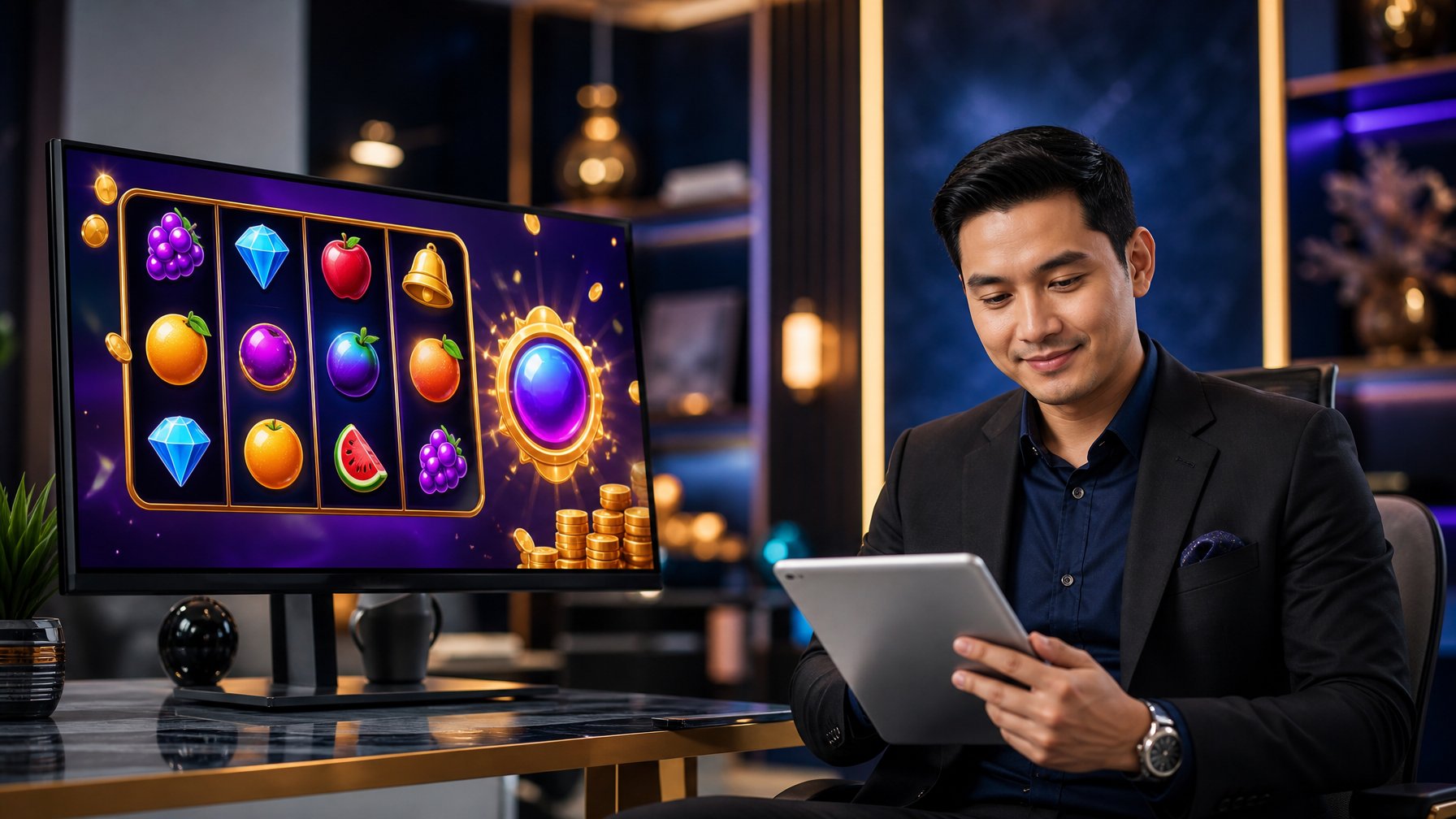 Seorang profesional meninjau pilihan permainan slot digital di ruang hiburan modern dengan layar berwarna dan efek cahaya.
