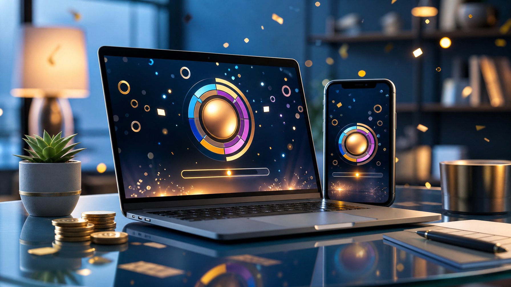 Meja modern dengan laptop dan ponsel yang menampilkan grafis permainan abstrak, ditemani beberapa koin dan cahaya keemasan.