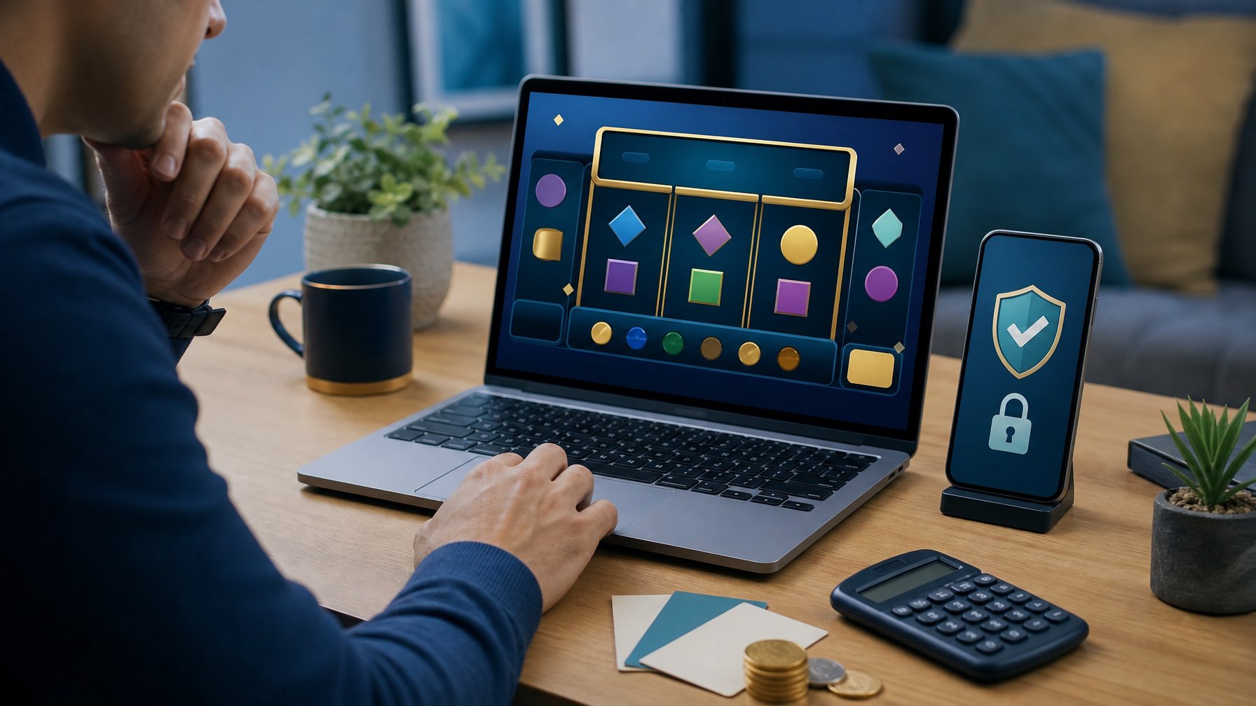 Seseorang memeriksa platform hiburan digital yang aman menggunakan laptop dan ponsel di meja kerja.