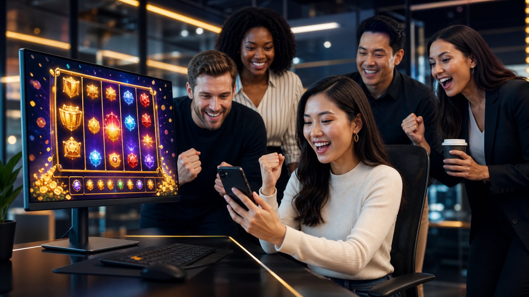Orang dewasa menggunakan perangkat digital dengan tampilan permainan bergaya mesin slot dan efek perayaan di ruangan modern.