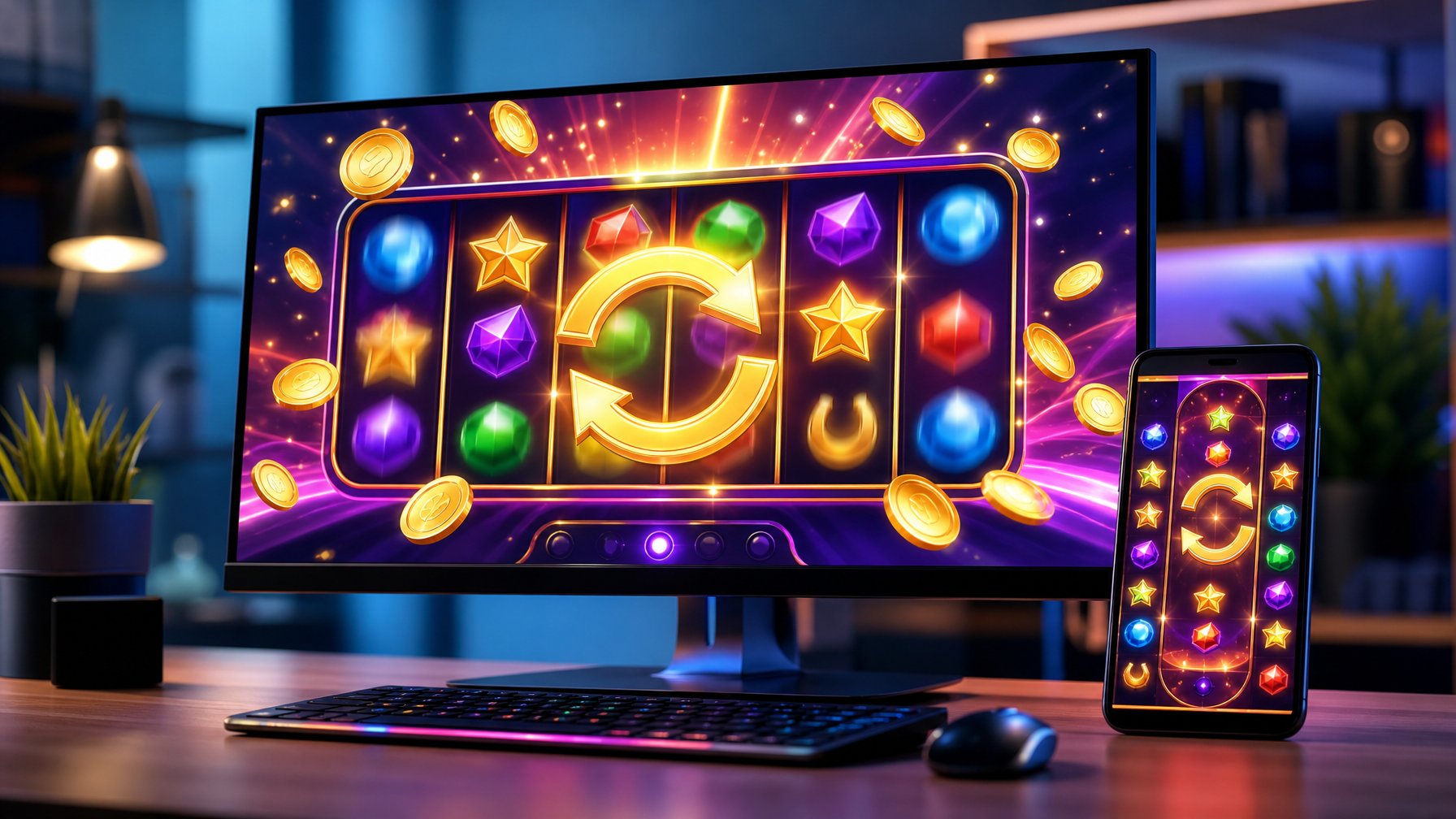 Monitor dan ponsel menampilkan permainan mesin slot digital dengan efek putaran bonus dan kilauan cahaya.