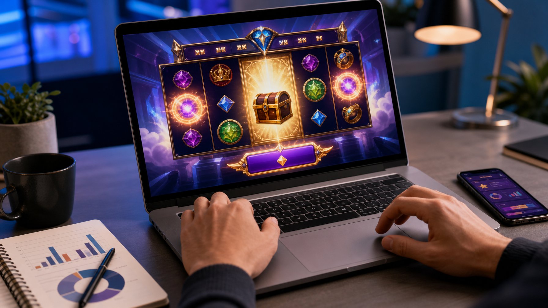 Tangan orang dewasa menggunakan laptop dengan tampilan permainan slot digital dan fitur putaran gratis.